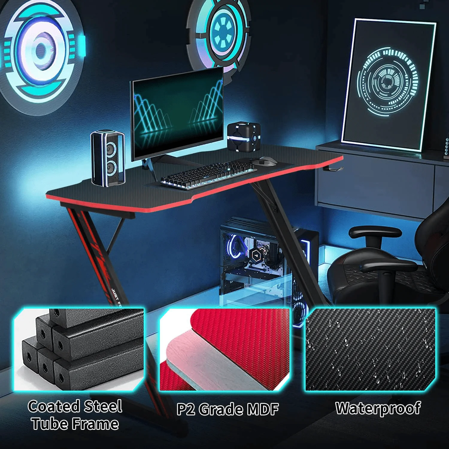 47 inch Z-Shaped Gaming Desk Computer Desk, Ergonomic Writing Office Desk Racing Style PC Gaming Table Workstation with Headphone Hook for Game Players, Red