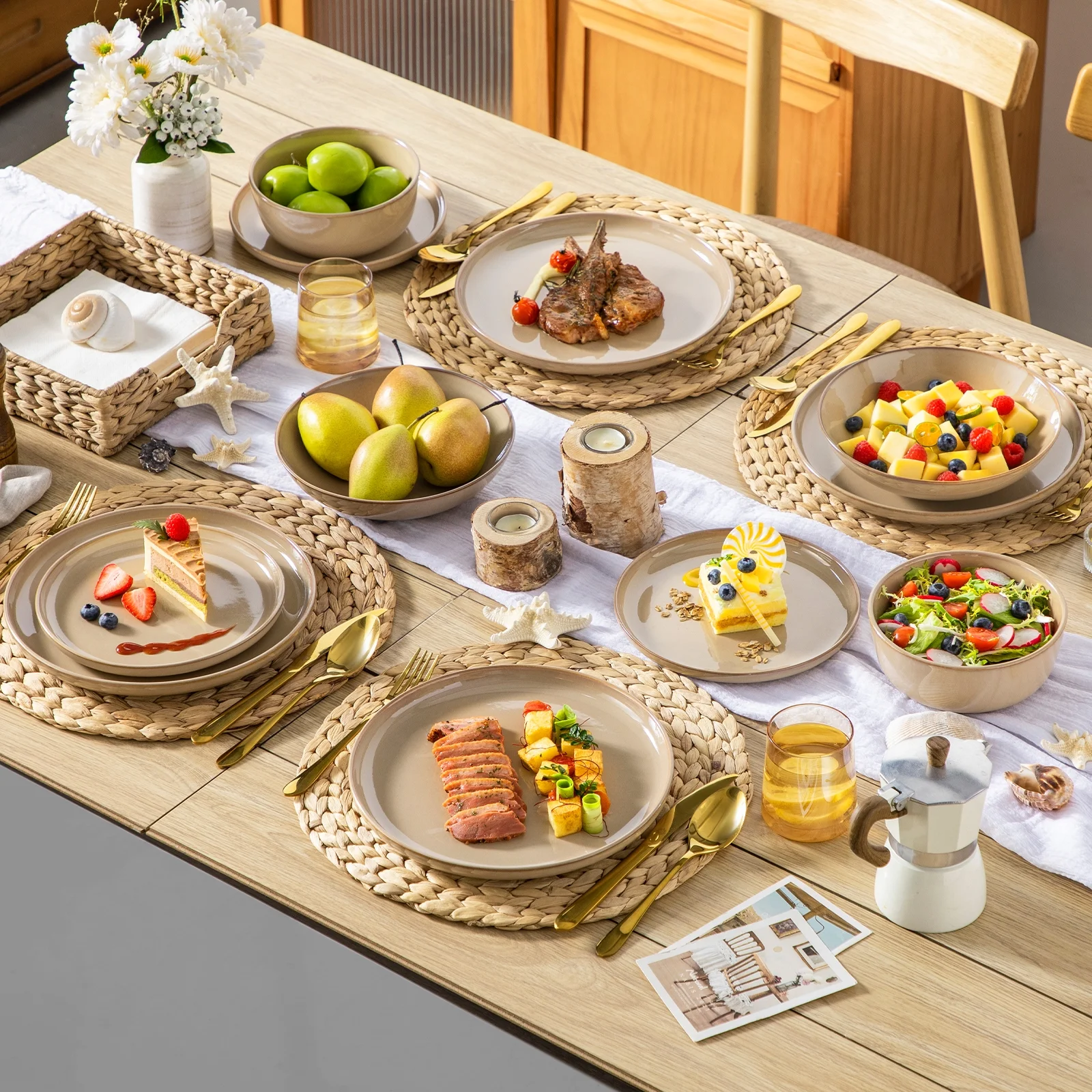 Malacasa 24 Pcs Dinnerware Sets, Stoneware Plates and Bowls Set, Tableware Dishwasher Microwave Safe, Serves For 6 people, Brown