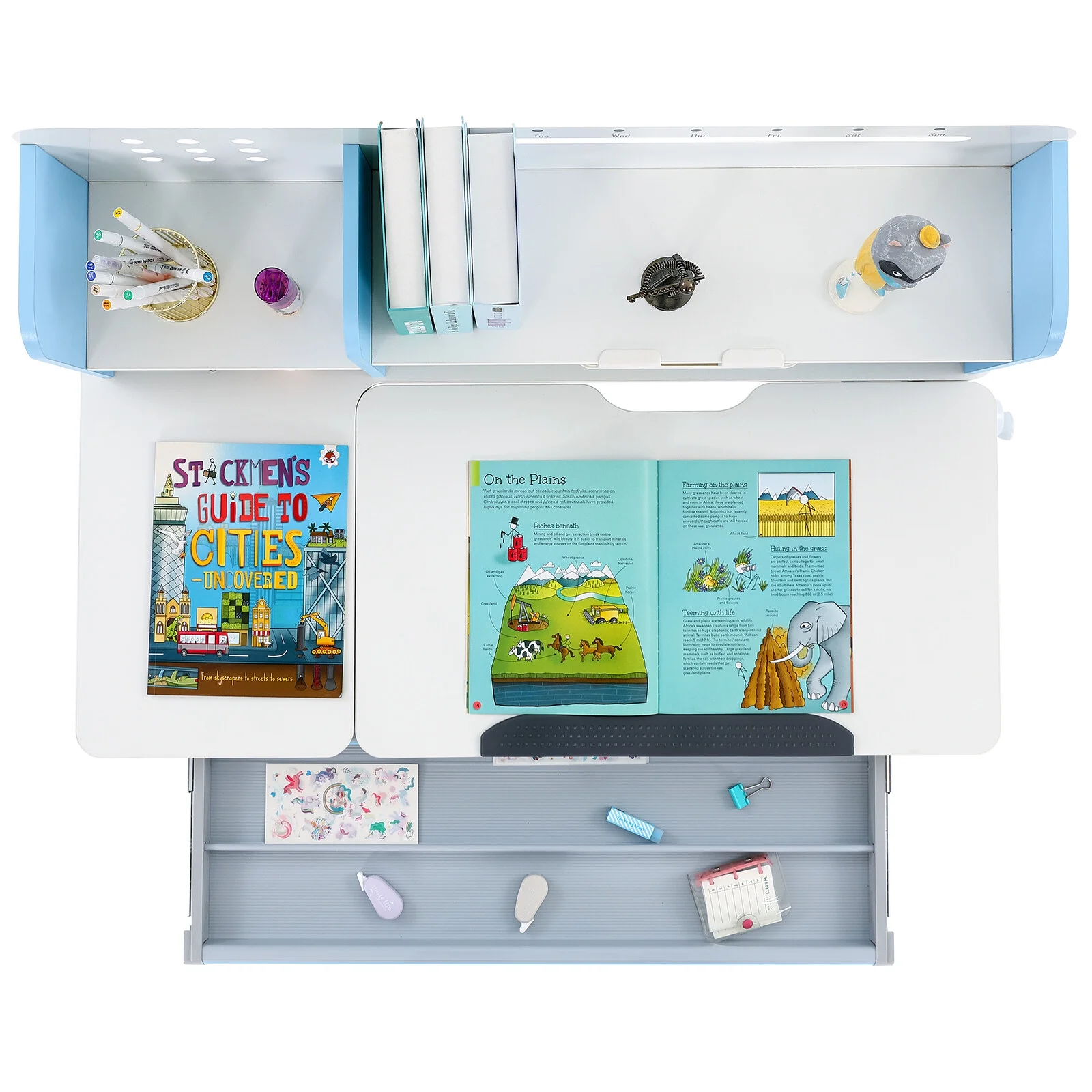 Adjustable Height Ergonomic Kids Study Desk & Chair Set Children Students Drafting Table Home School with Shelf,Drawer(Gray)
