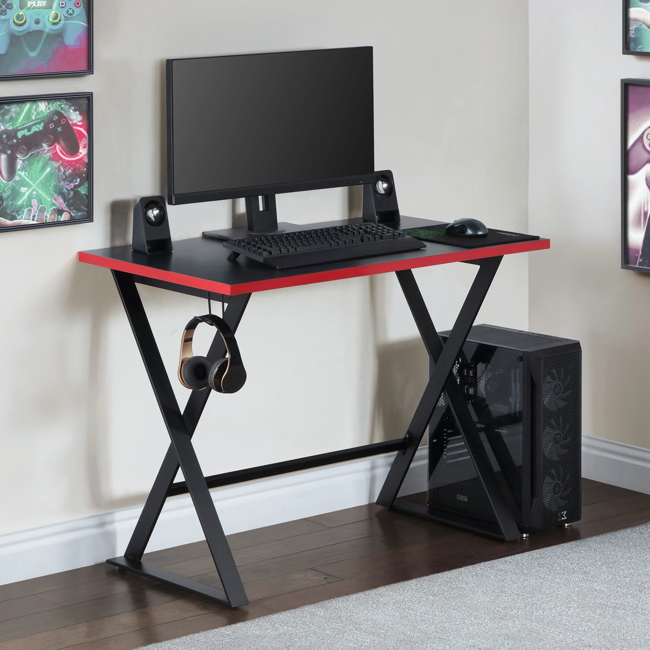 Gamer Gear Jr. Gaming Desk with LED Lighting, Teens and Kids, Red and Black