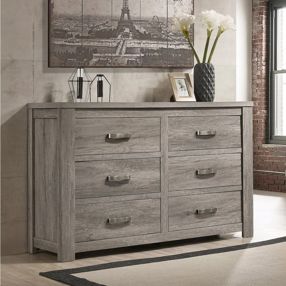 Roundhill Furniture living room Floren Contemporary Weathered Gray Wood Bedroom Set, King Panel Bed, Dresser, Mirror, Two Nightstands, Chest