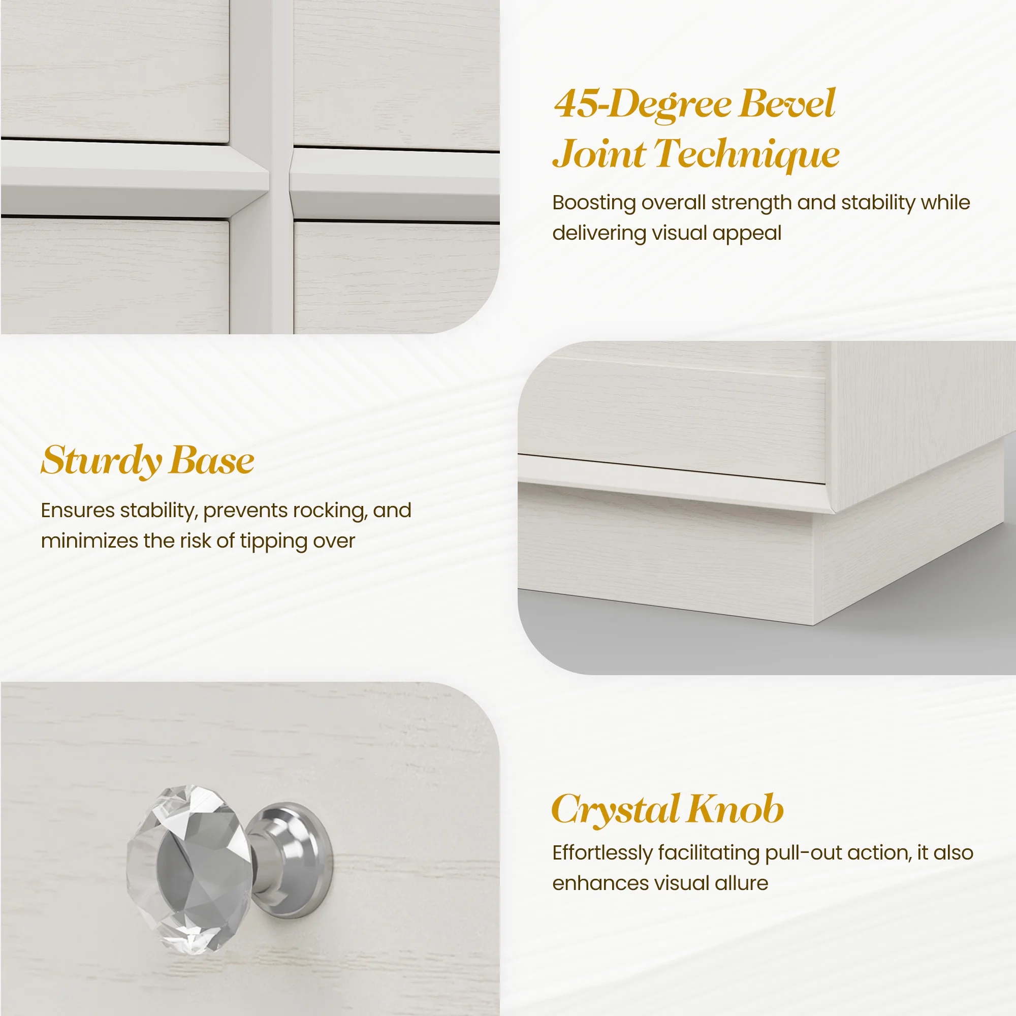 May Color Large White 3 Drawer Dresser Set of 2 with Fluted Panel, Modern Chest of Drawers with Silent Slide Drawers, Wood Accent Nightstand with Storage for Bedroom Living Room, Hallway