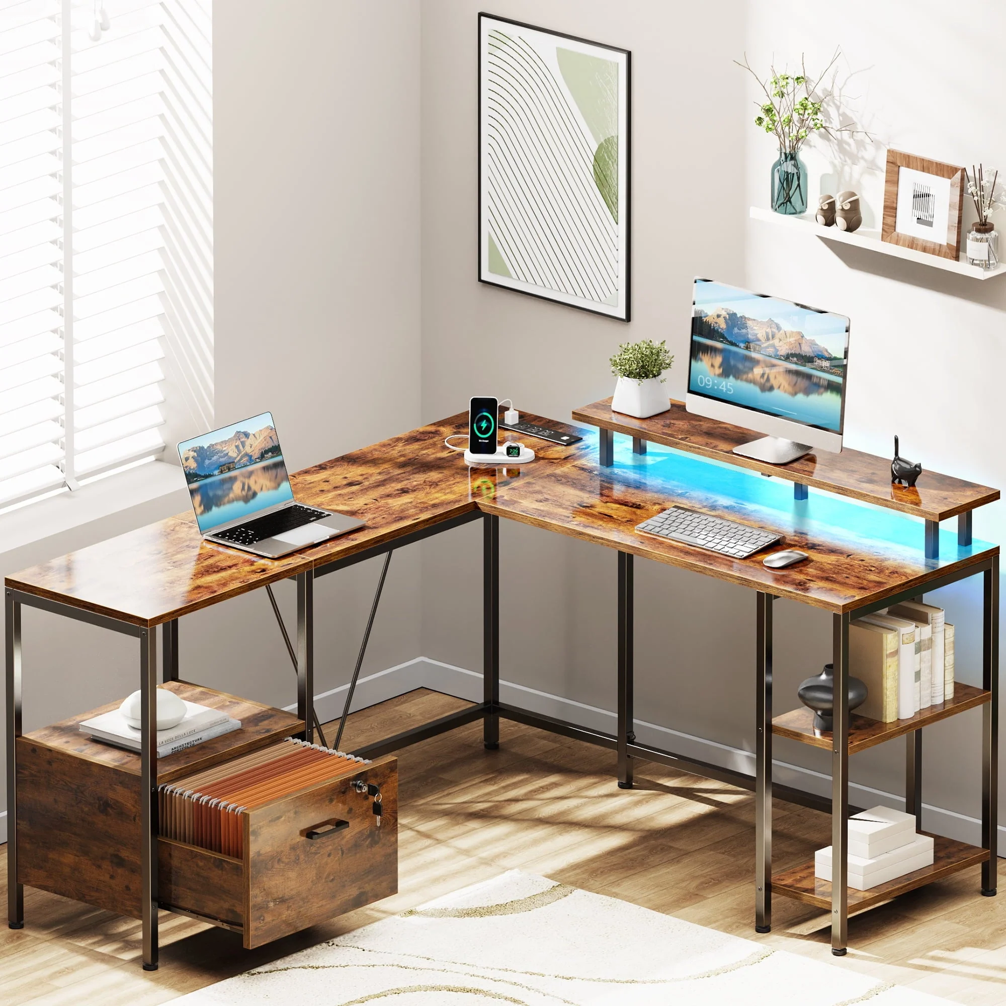 Huuger L Shaped Desk with Power Outlets & LED Lights, Reversible Computer Desk with File Cabinet & Storage Shelves, Corner Gaming Desk Home Office Desk, Rustic Brown