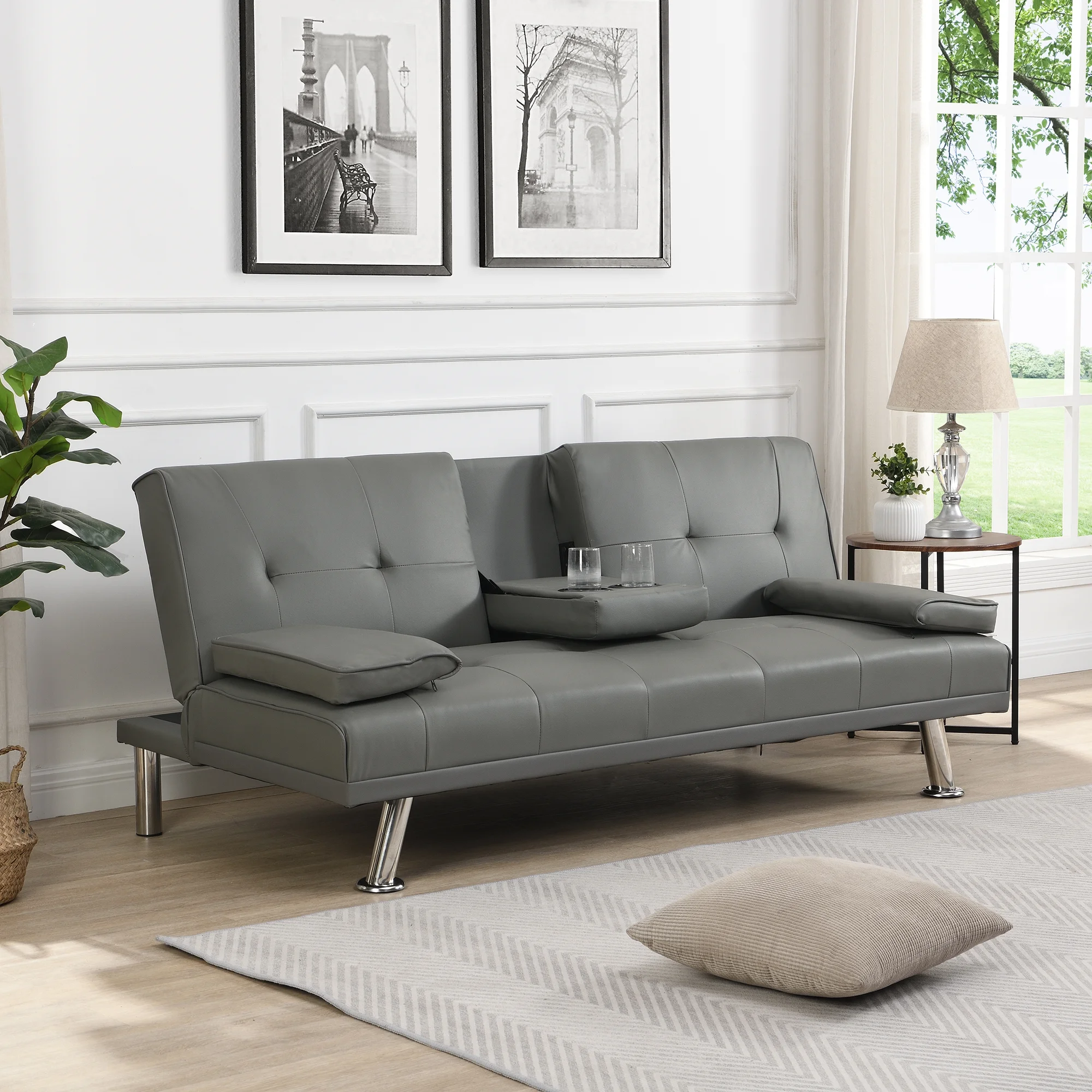 CoSoTower Sofa Bed with Armrest Two Holders Wood Frame, Stainless Leg, Futon Grey Pvc