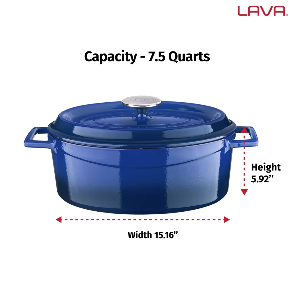 LAVA 6.75 Quarts Cast Iron Dutch Oven: Multipurpose Stylish Oval Shape Dutch Oven Pot with Three Layers of Enamel Coated with Trendy Lid (Blue)