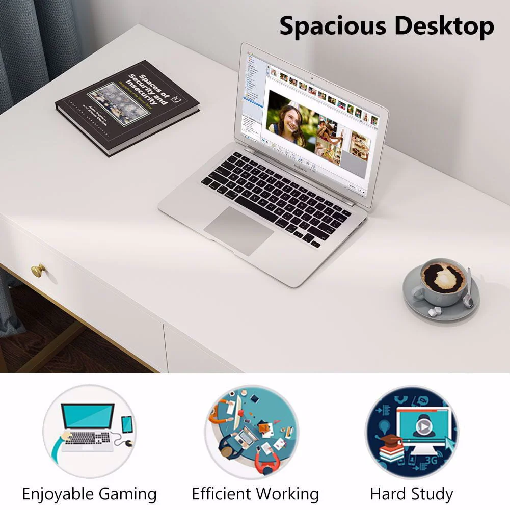 TribeSigns Computer Desk, Modern Simple 47 inch Home Office Desk Study Table Writing Desk with 2 Storage Drawers, Makeup Vanity Console Table, White and Gold