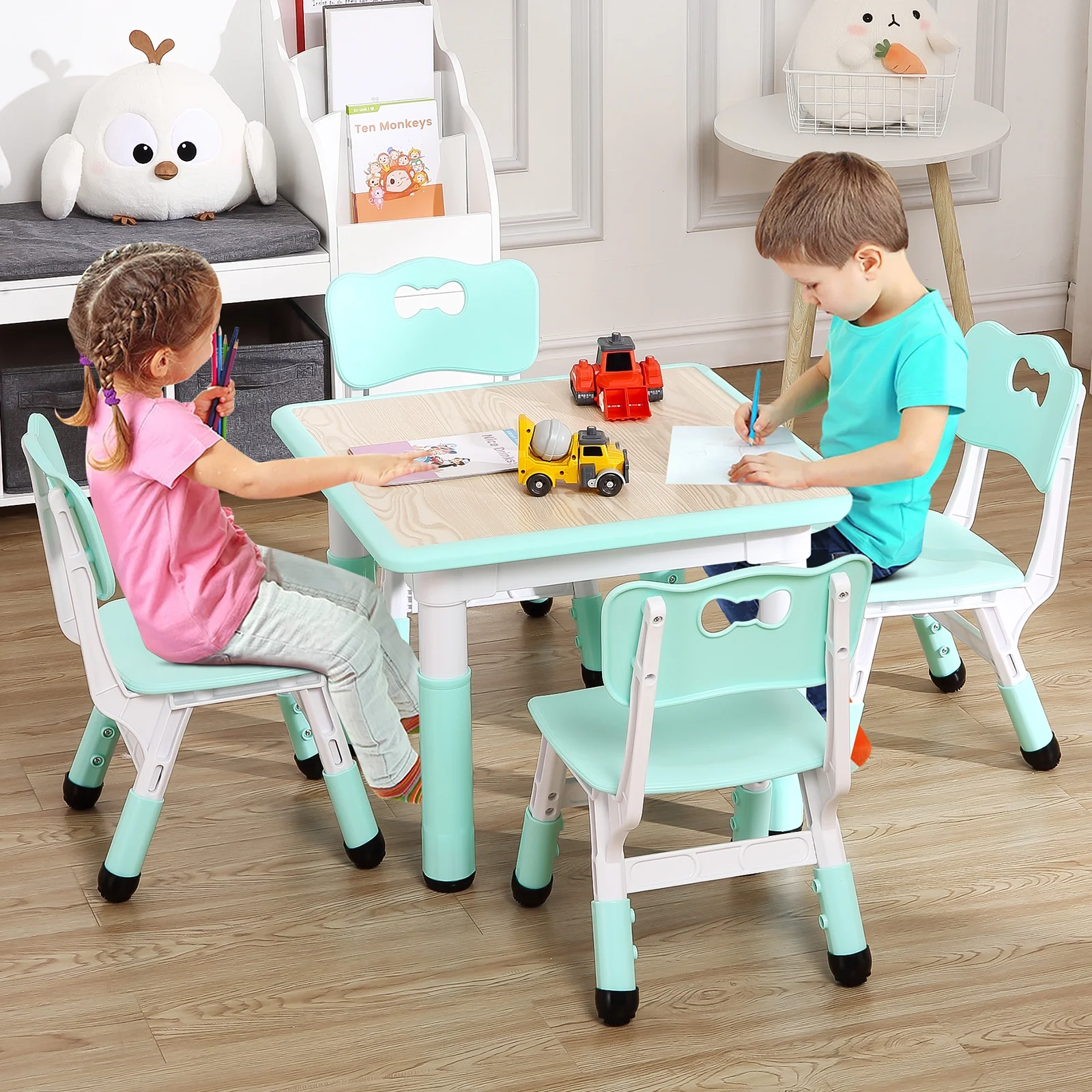 KATIDAP Kids Table and 4 Chairs Set, Height Adjustable Toddler Table and Chair Set, Graffiti Desktop, Classroom/Daycare/Home, Children Multi-Activity Table for Ages 2-8,Blue