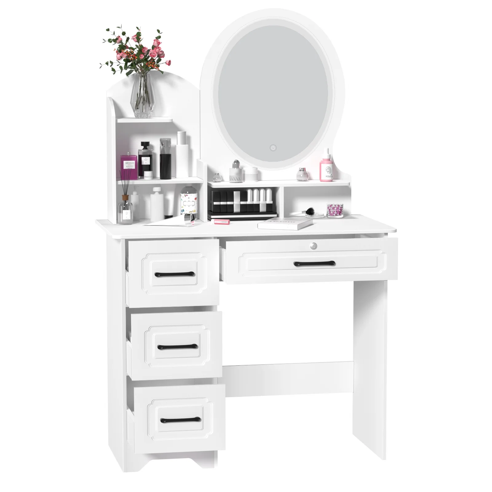 Anvazise Makeup Desk with Mirror, Large Vanity Desk with Storage Shelves, 4 Drawers, Makeup Vanity Table with Light, Bedroom Dressing Table