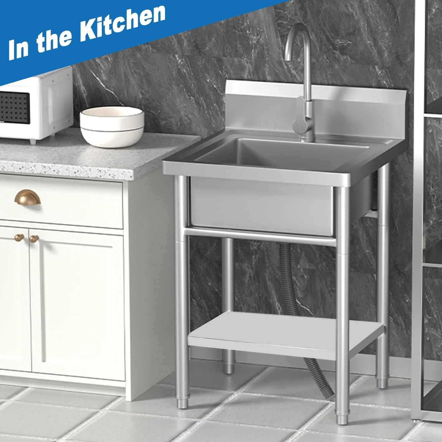 Stainless Steel Sink Utility Sinks Freestanding Single Bowl Laundry Sink with Hot and Cold Water Plumbing for Restaurant, Laundry Room, Garage, Commercial Kitchen