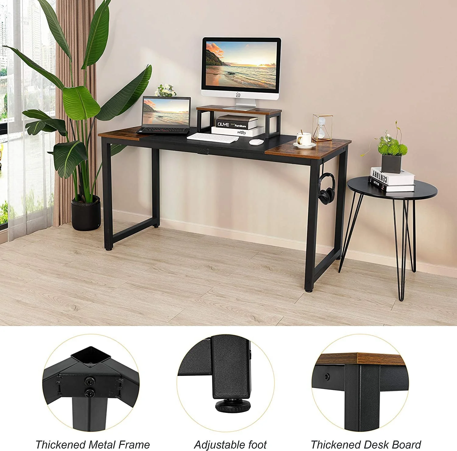 Arlopu 55'' Computer Desk with Monitor Stand, Home Office Desk, Sturdy Writing Study Table PC Laptop Table with Headphone Hook