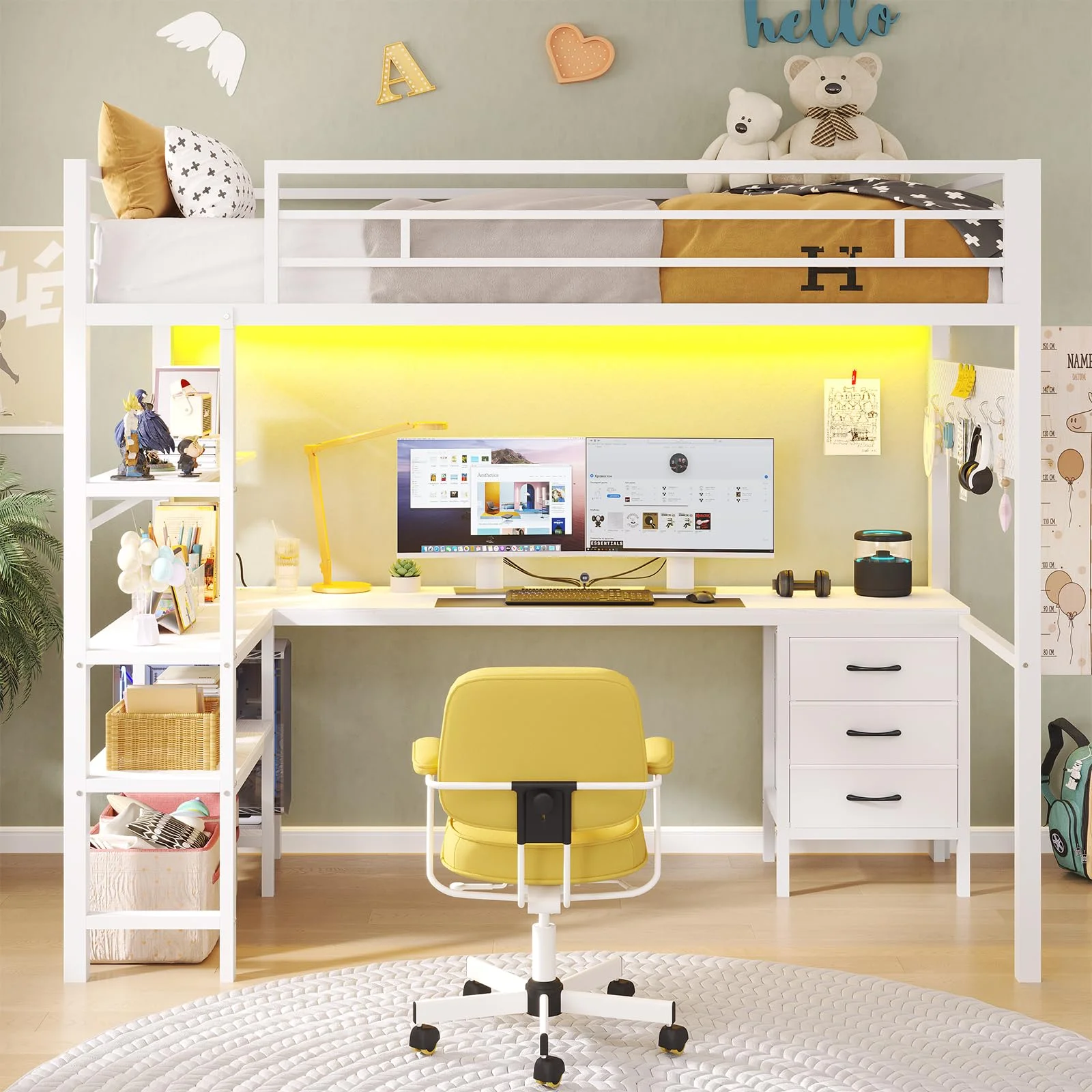 Afuhokles Loft Bed Twin Size with L-Shaped Desk and Charging Station, LED Light Twin Metal Loft Bed with Fabric Drawers and Shelves, Gray