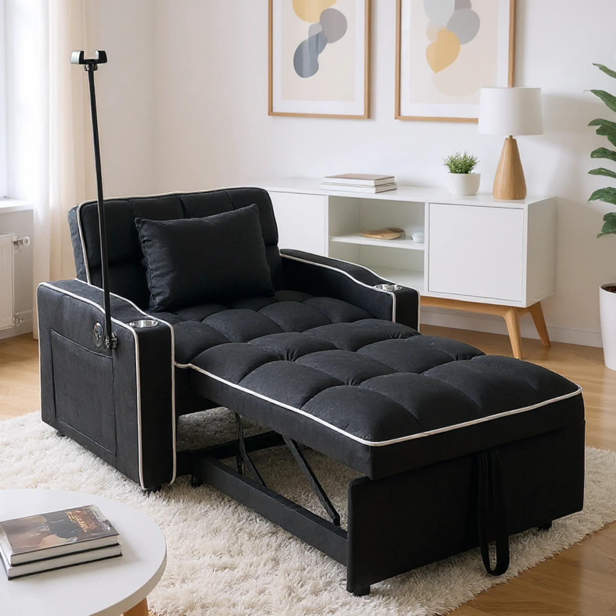 Gewnee 37.2''Foldable Sleeper Sofa Chair with SUB Interface and Phone Holder,2 Cup Holders and 3 Adjustable Angles,Suitable for Living Room,Apartment and Office.Black