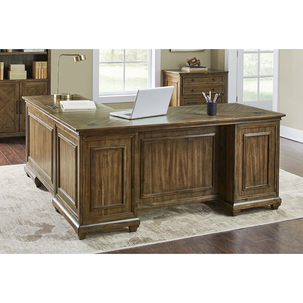 Martin Furniture Wood L-Desk Office Corner Desk Writing Table & Return in Brown