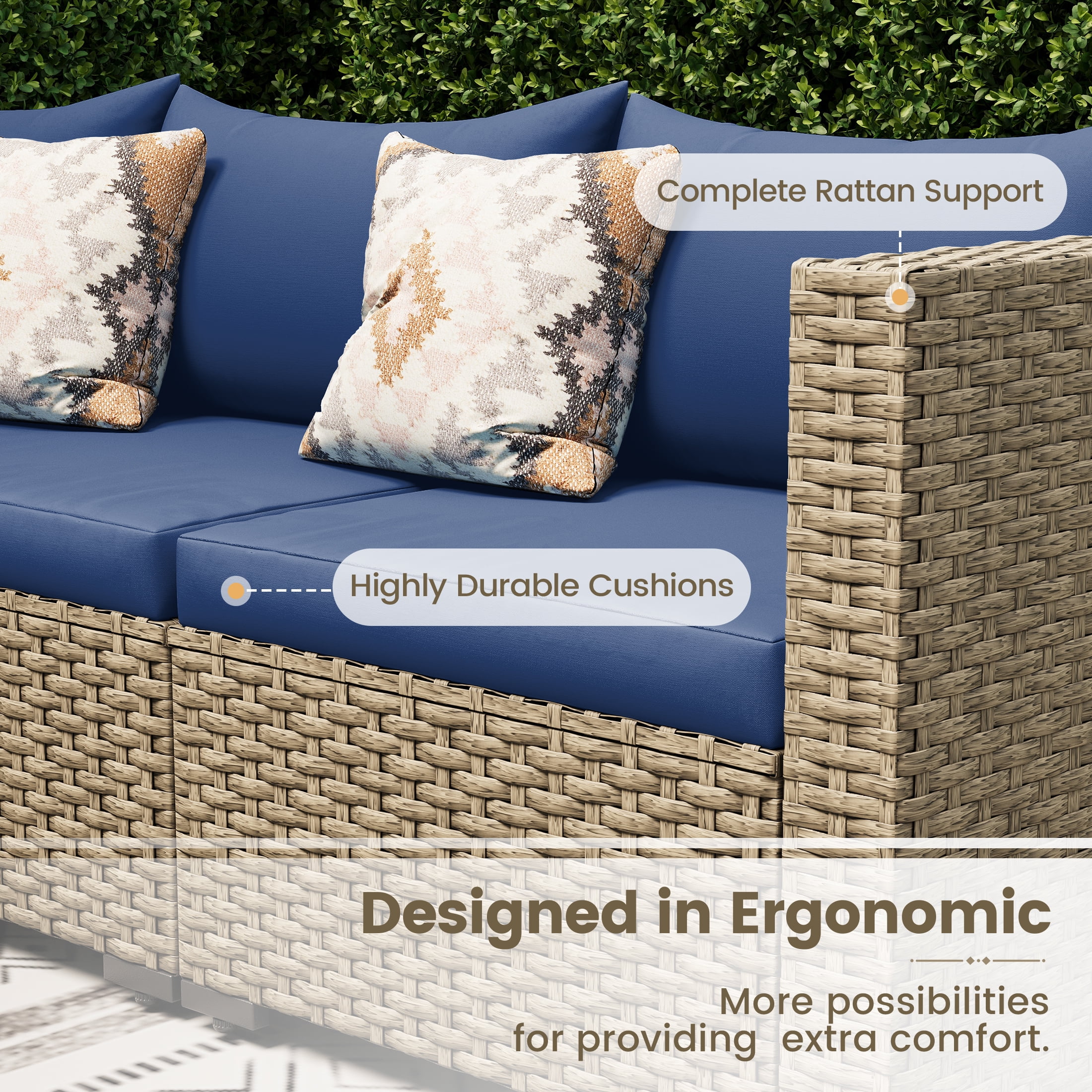 POTEBAN 7 Pieces Outdoor Patio Furniture Set, Grey Rattan Wicker Outdoor Conversation Sectional Sofa Set with Cushions for Backyard, Green