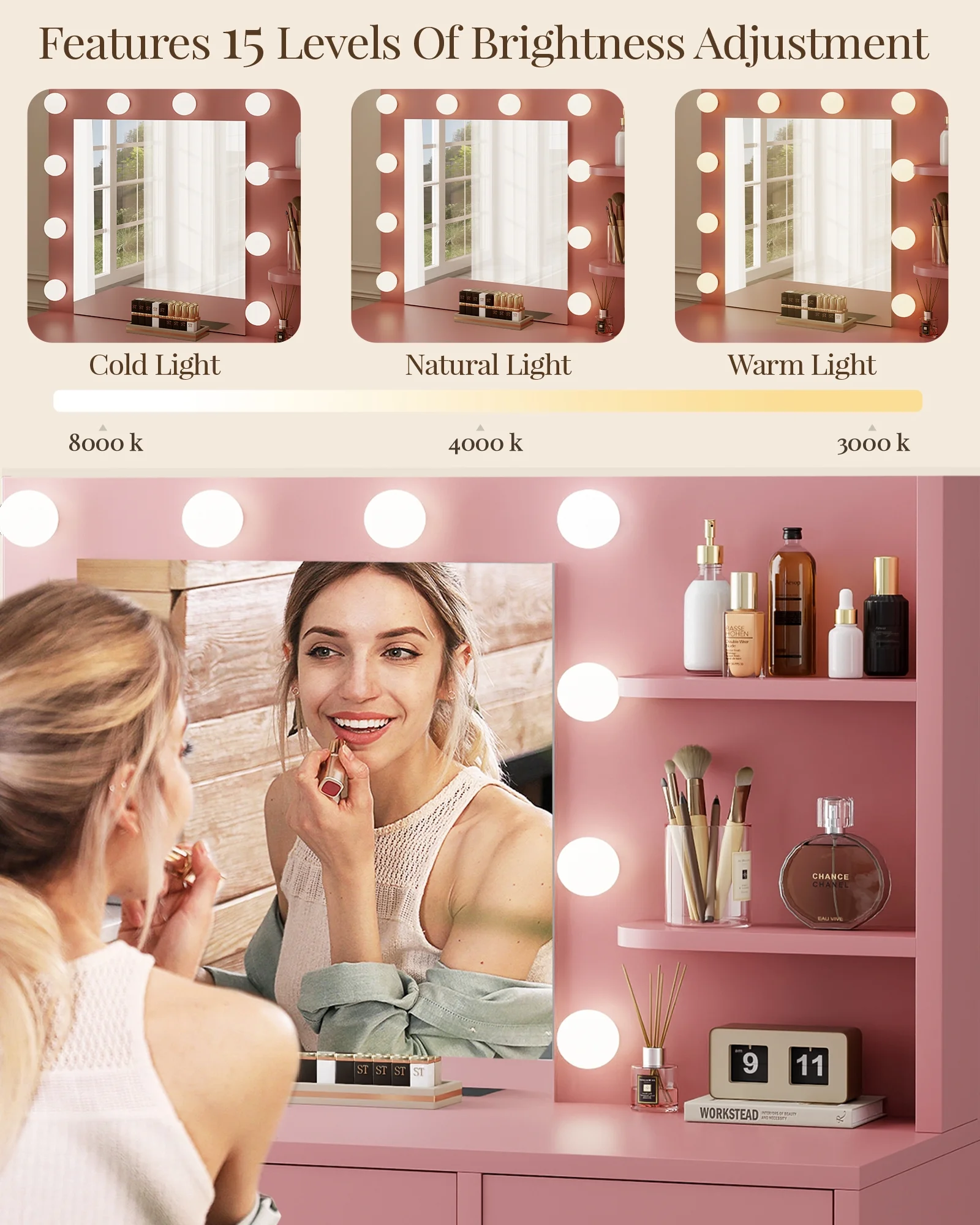 LIVELYGLOW Vanity Desk with Mirror and Lights, Makeup Vanity with Drawer & Storage Shelves, Cabinet, 3 Lighting Modes Adjustable Brightness,White