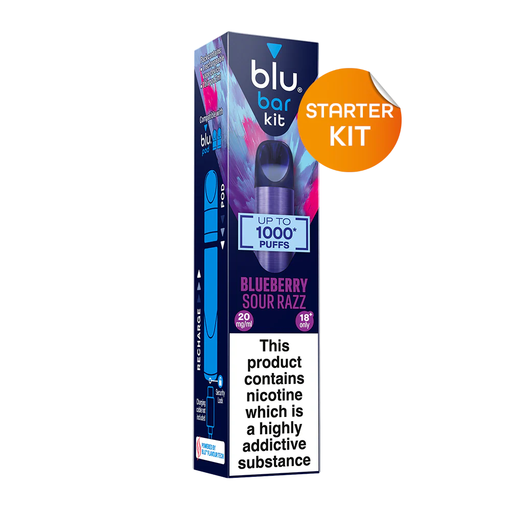 blu bar Starter Kit Rechargeable Device + Blueberry Sour Razz Pod Vape 1000 - 2ml