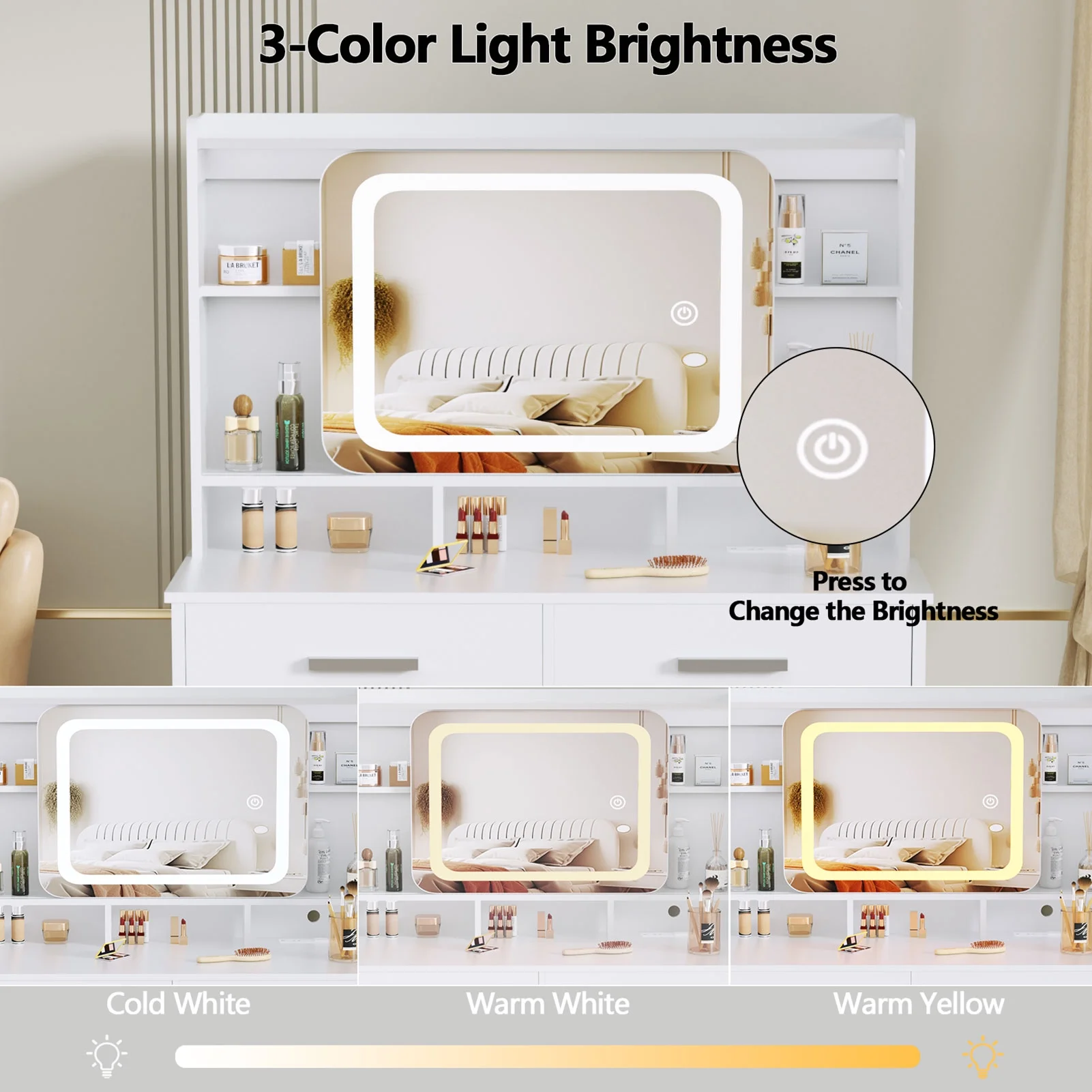 Satifur White Vanity Desk Set with Mirror and Lights, Makeup Table with Charging Station, Comfortable Bench, Big Vanity with 3 Storage Compartments, 39.4in