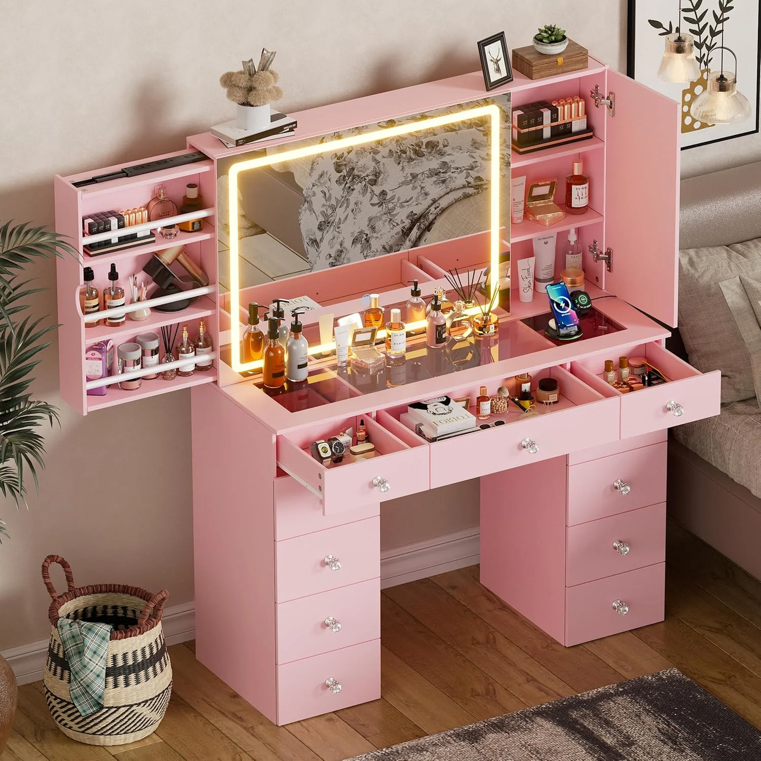 PAKASEPT Vanity Set with Lighted Mirror, Large Vanity Desk with Charging Station, Makeup Vanity Table with 11 Drawers & Hidden Sliding Storage Cabinet & Visible Glass Tabletop for Bedroom (White)