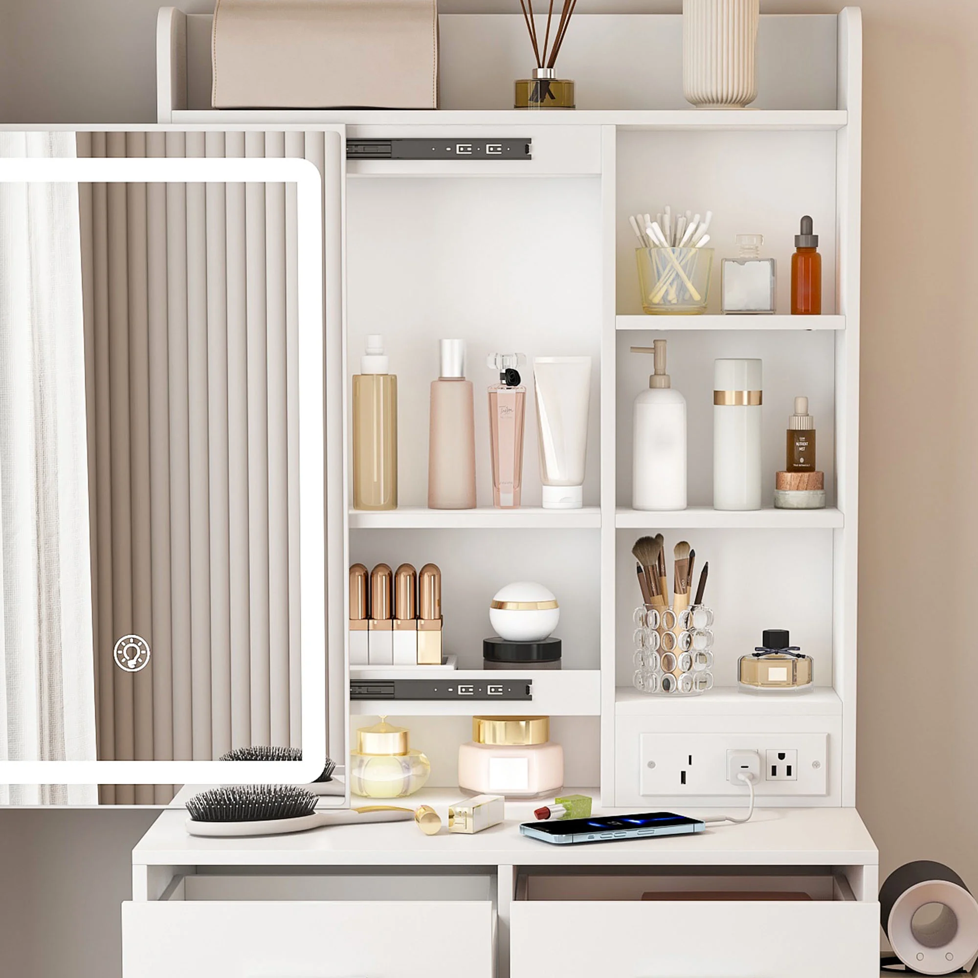 Small White Makeup Vanity Desk with Mirror and Adjustable LED Lights, Built-in Power Outlet and Hidden Storage