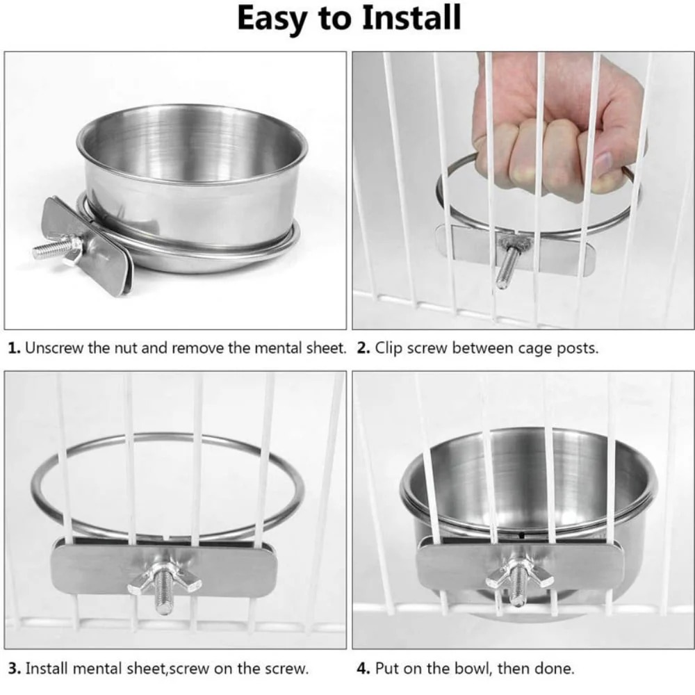 Trianu 2 Pack Bird Feeding Dish Cups Parrot Stainless Steel Food Water Dish Platform Feeder Cage Bowl with Clamp Holder for Cockatiel Budgies Parakeet Macaw