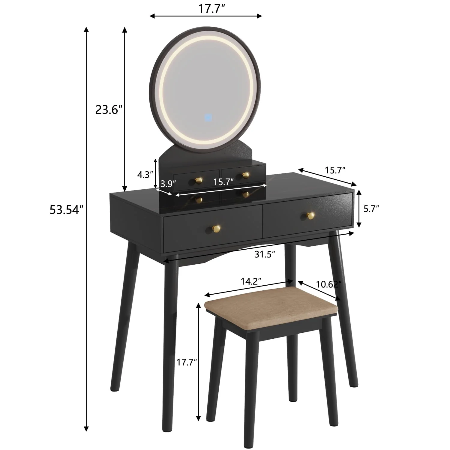 Furmax Vanity Table with Lighted Mirror, Vanity Desk with Stool, Dressing Table with 4 Drawers, Makeup Vanity Set, Black Finish, for Bedroom