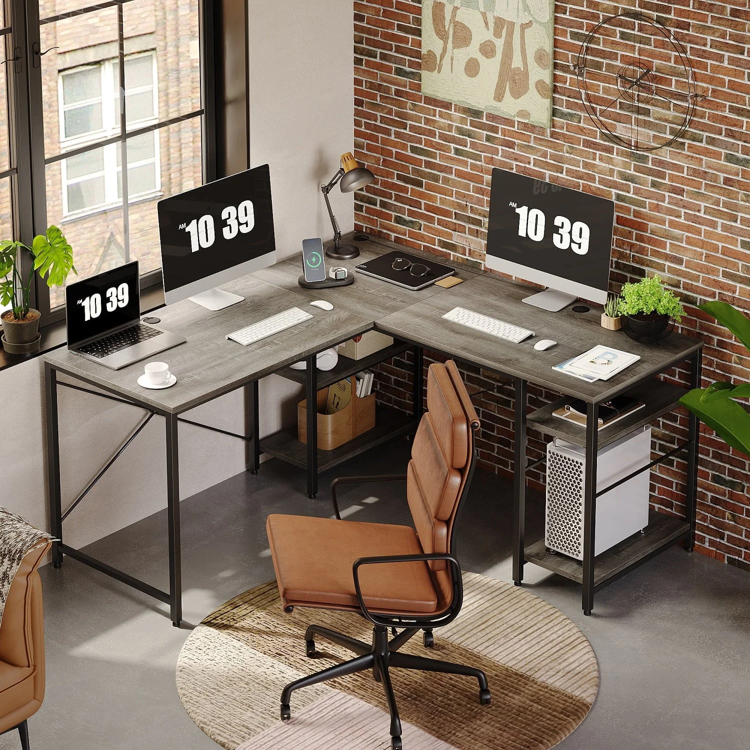 Bestier 95.5 inches L-Shaped Corner Computer Desk with Shelves Long Table in Grey
