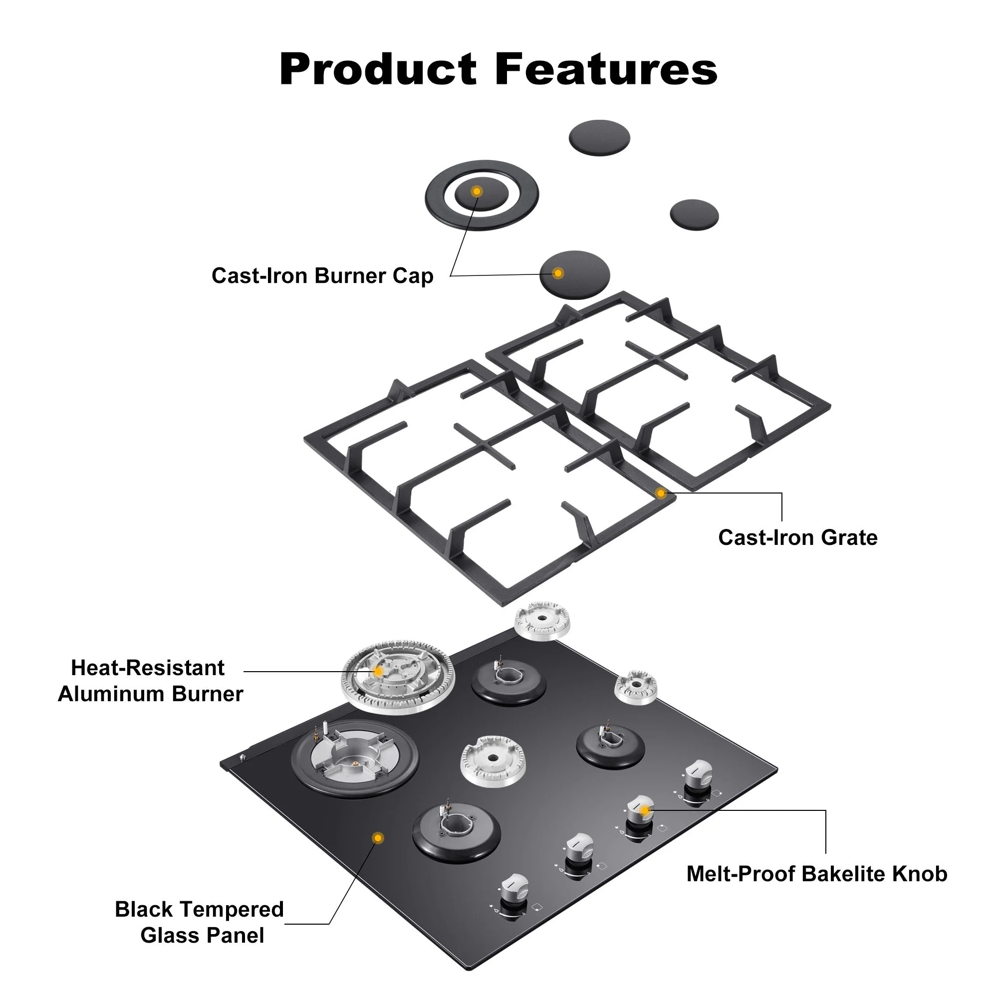 Amzgachfktch 4 Burners 24 inch Gas Cooktop Stainless Tempered Glass Natural Gas/LPG Convertible
