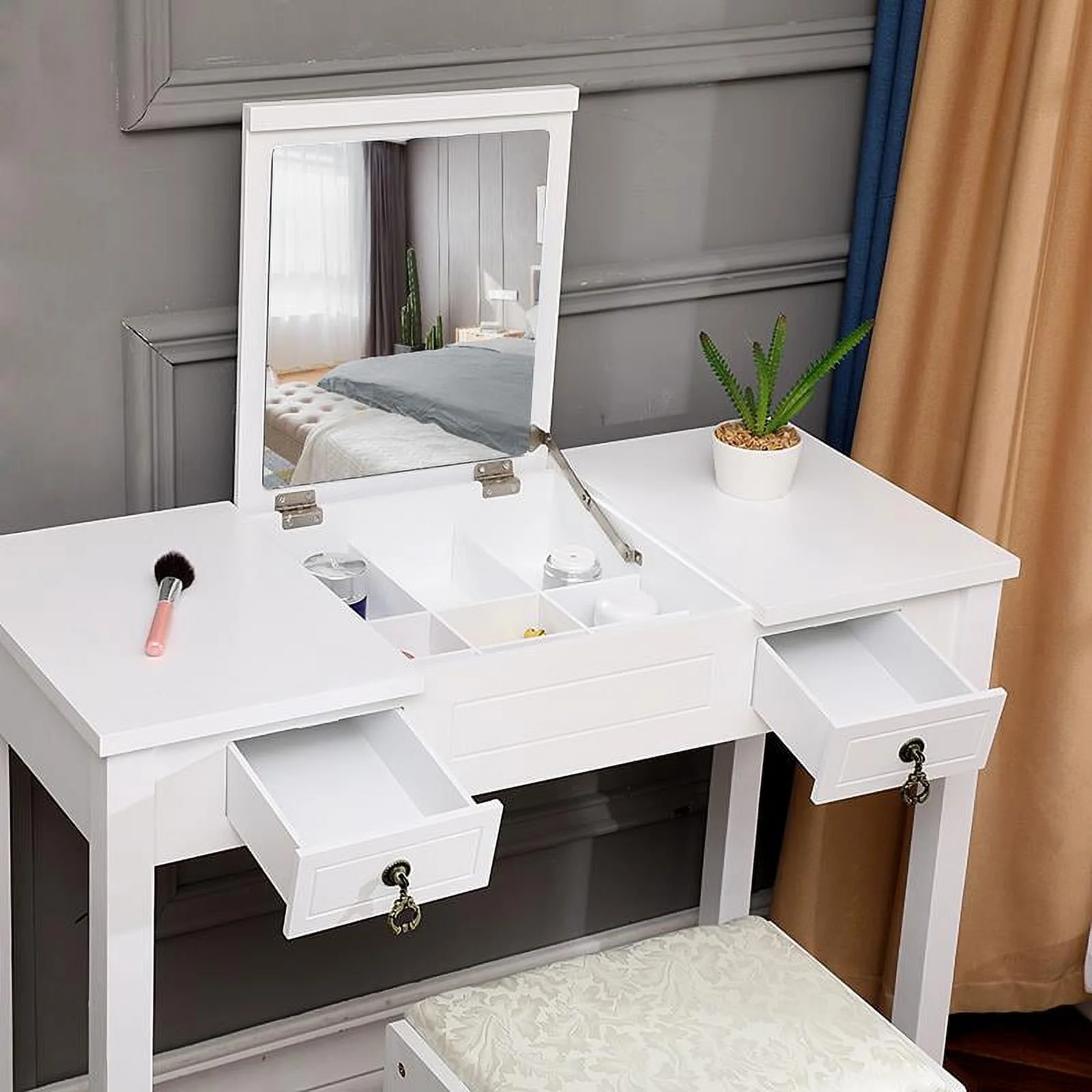 Ktaxon Vanity Set,Flip-top Mirror Dressing Table Makeup Vanity Table Writing Desk with 2 Drawers and Stool, White