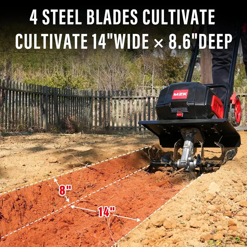 12-Inch Cordless Garden Tiller – Battery-Powered Cultivator with 8.6″ Depth. Includes Two 4.0Ah Batteries & Charger