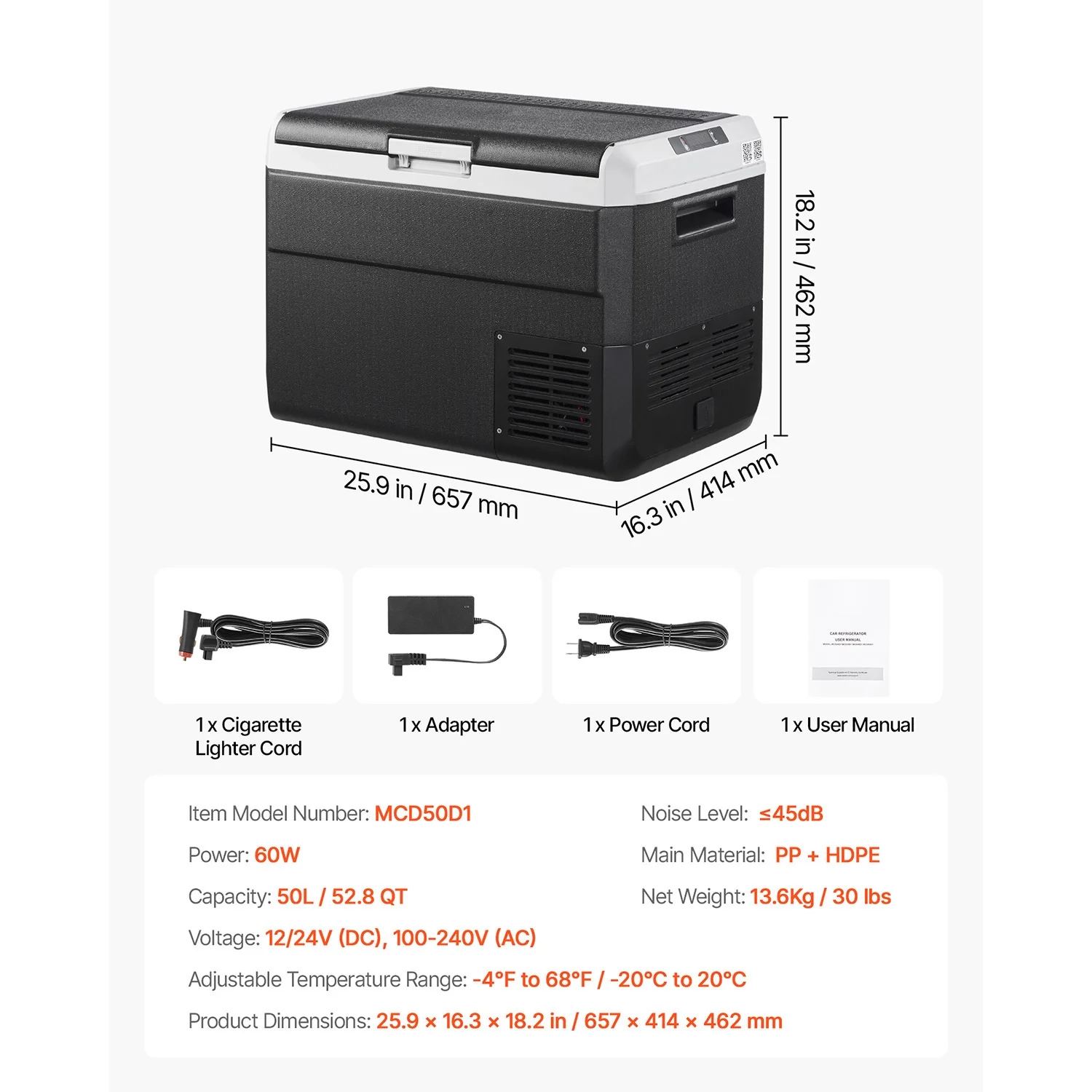 VEVOR Portable Car Refrigerator 53 Qt, 12V Portable Freezer with Single Zone, 12/24V DC & 110-240V AC Electric Cooler with -4�H-68�HCooling Range, for Car Truck Vehicle RV Boat Outdoor & Home use