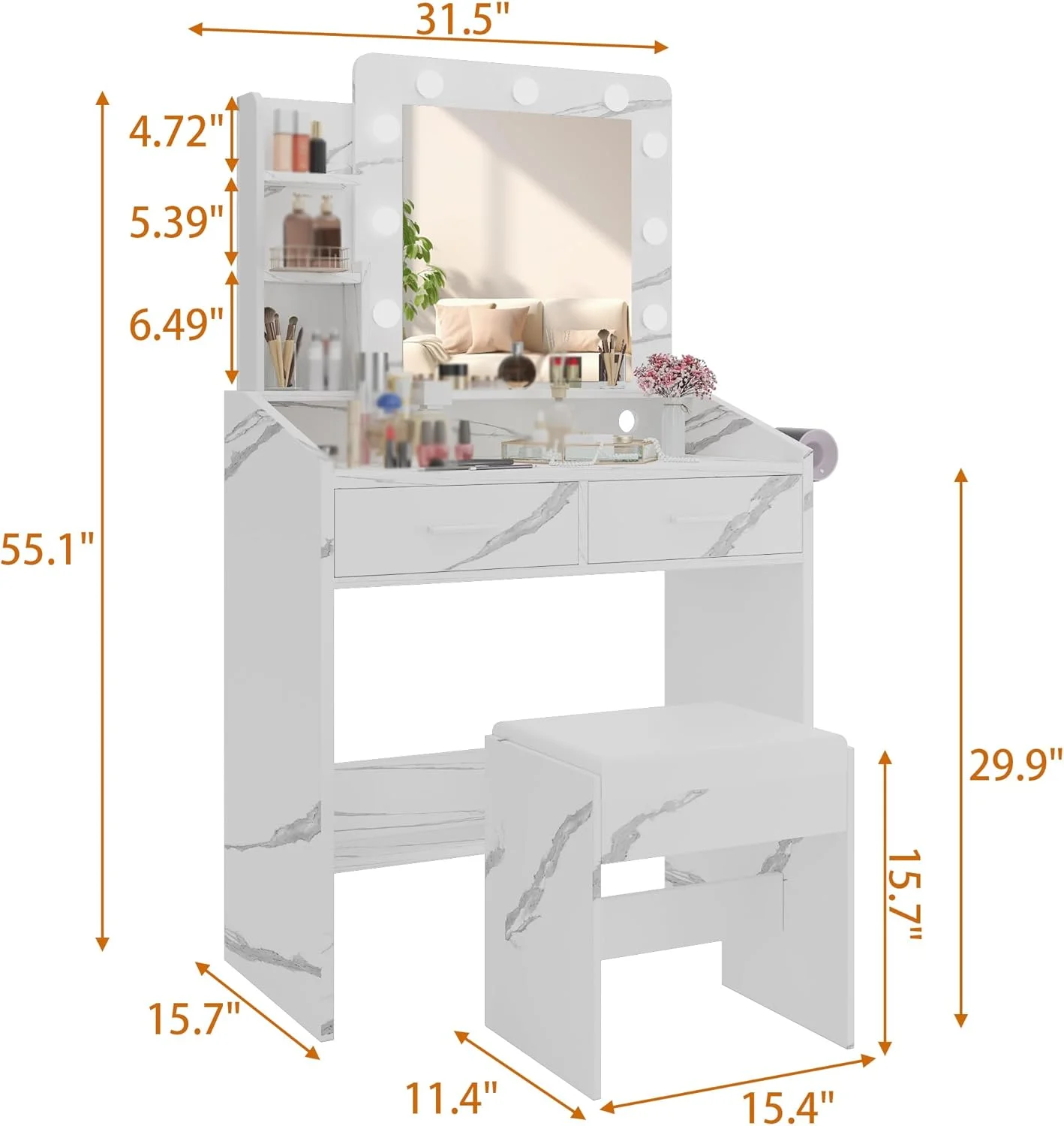 OYang Makeup Vanity with Lights, Vanity Desk with Mirror and Lights Set, Large Drawer and Two-Tier Lots Storage Cabinet, 3 Lighting Modes Adjustable Brightness