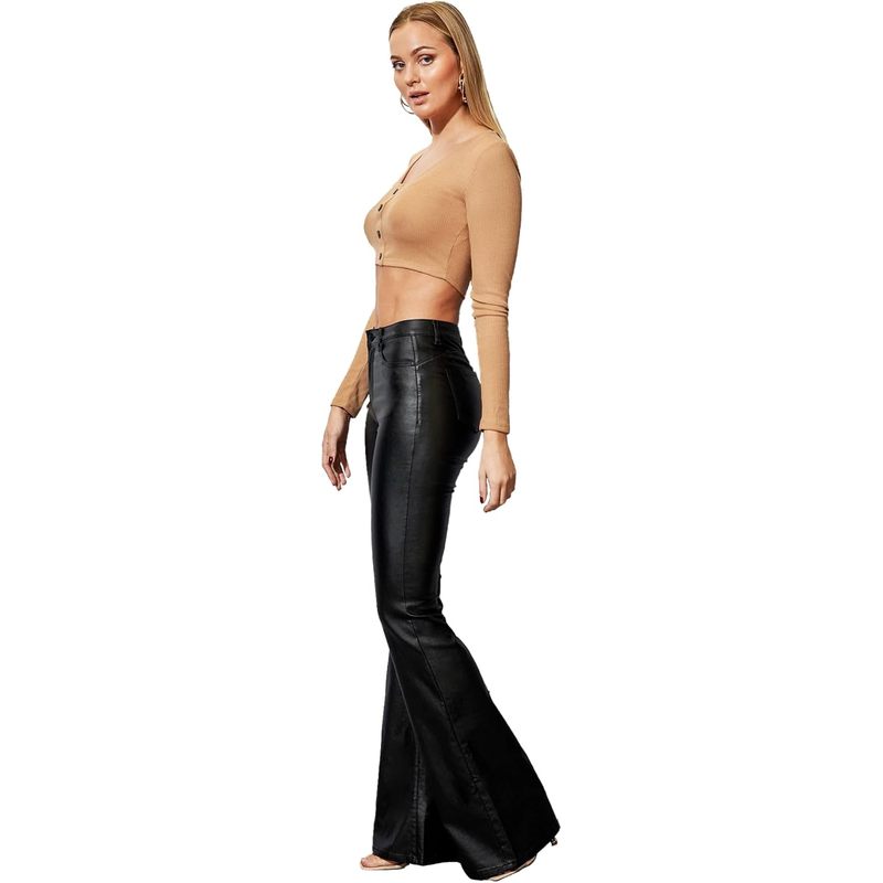Women's Faux Leather Coated Flare Pants Mid