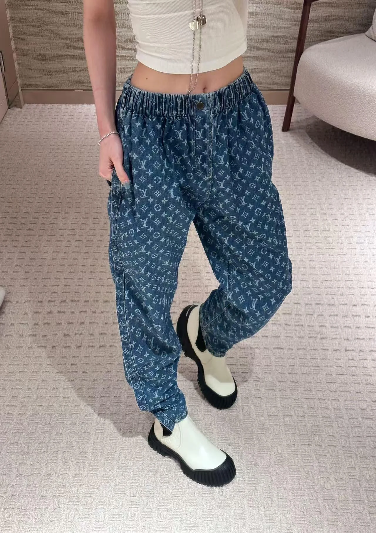 Laser Printed Denim Elastic Waist Jeans