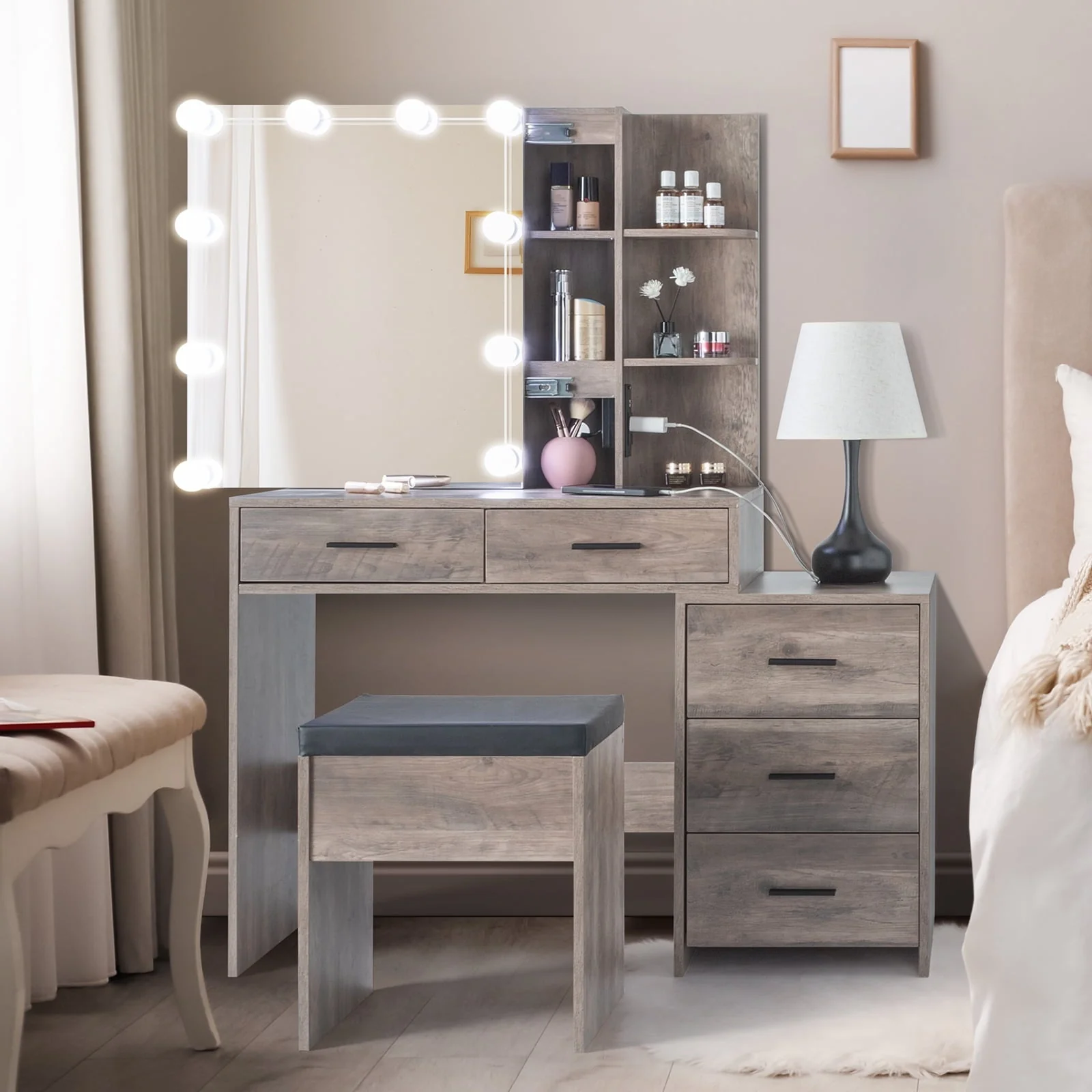 Ktaxon Vanity Set with 3 Color Lighted Mirror & Charging Station, Makeup Table with 3 Storage Shelves & Drawers, Dressing Table Makeup Desk with Stool,Retro Gray