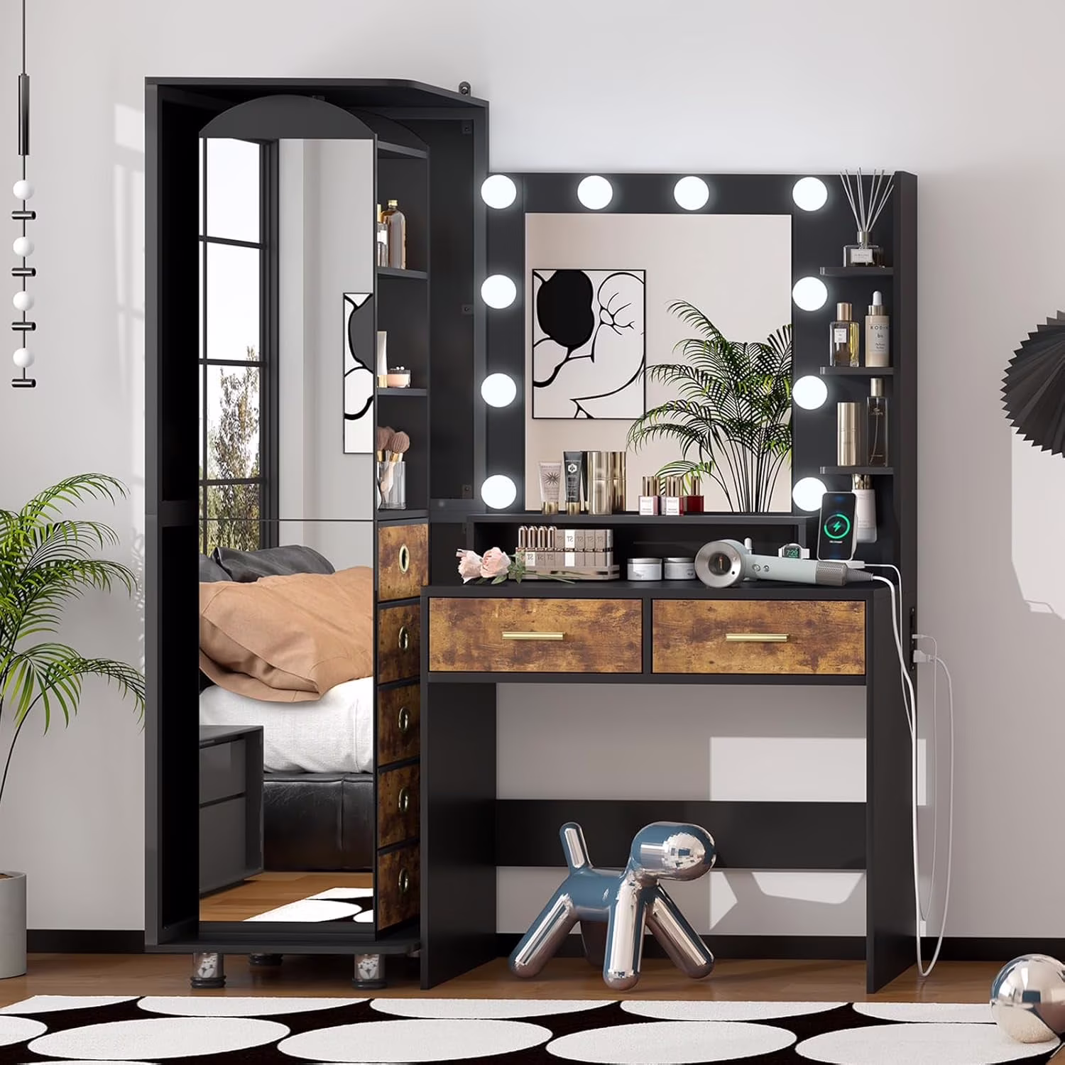 Makeup Vanity Desk with Mirror and Lights, White Vanity Desk with Charging Station, LED Cabinet, 5 Drawers & Storage Bag, Vanity Mirror with Lights Desk and Chair, Vanity Table Set with Stool