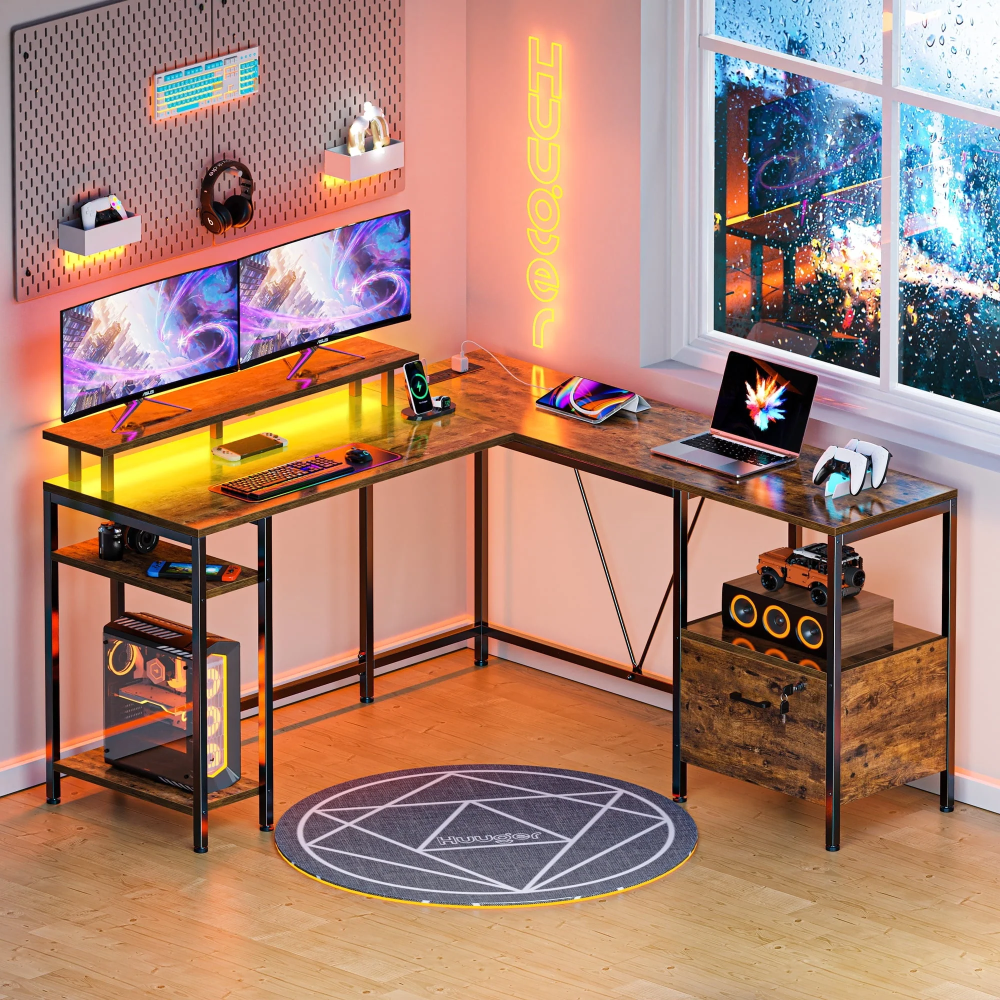 Huuger L Shaped Desk with Power Outlets & LED Lights, Reversible Computer Desk with File Cabinet & Storage Shelves, Corner Gaming Desk Home Office Desk, Rustic Brown