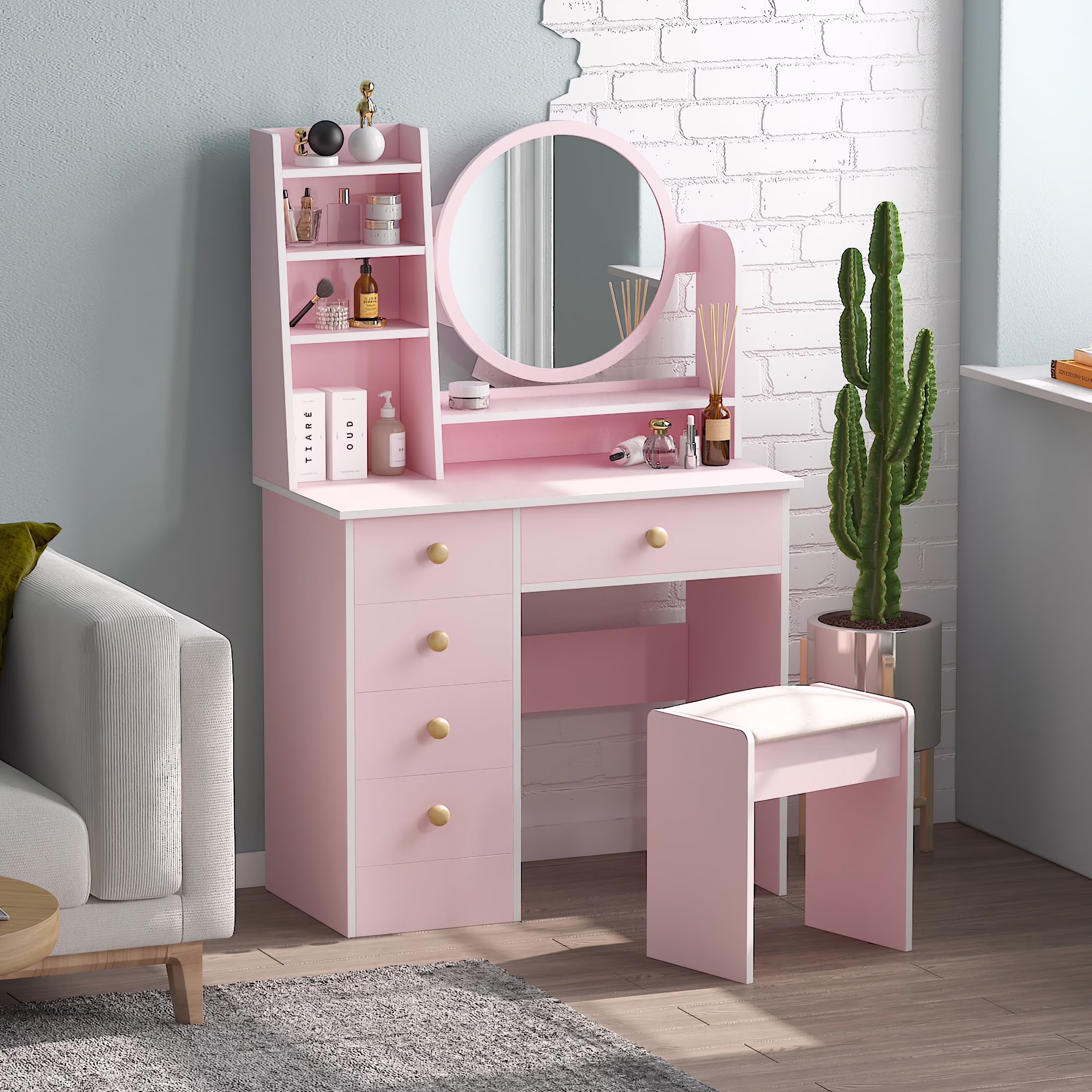 KULAGAGA Vanity Table Set with Light Mirror, Makeup Table with 3 Storage Shelves & 5 Drawers, Dressing Vanity Tables with , Dresser Desk for Girls, Women, White