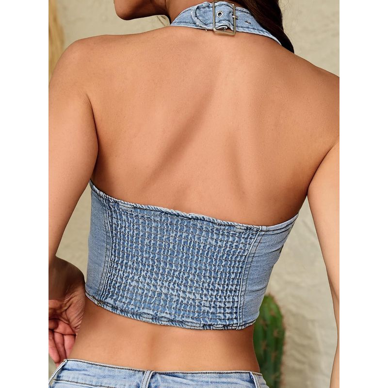 Women's Denim Halter Top Jean Vest - Square Neck Button Front Slim Fit Crop Vest Western Summer Outfit