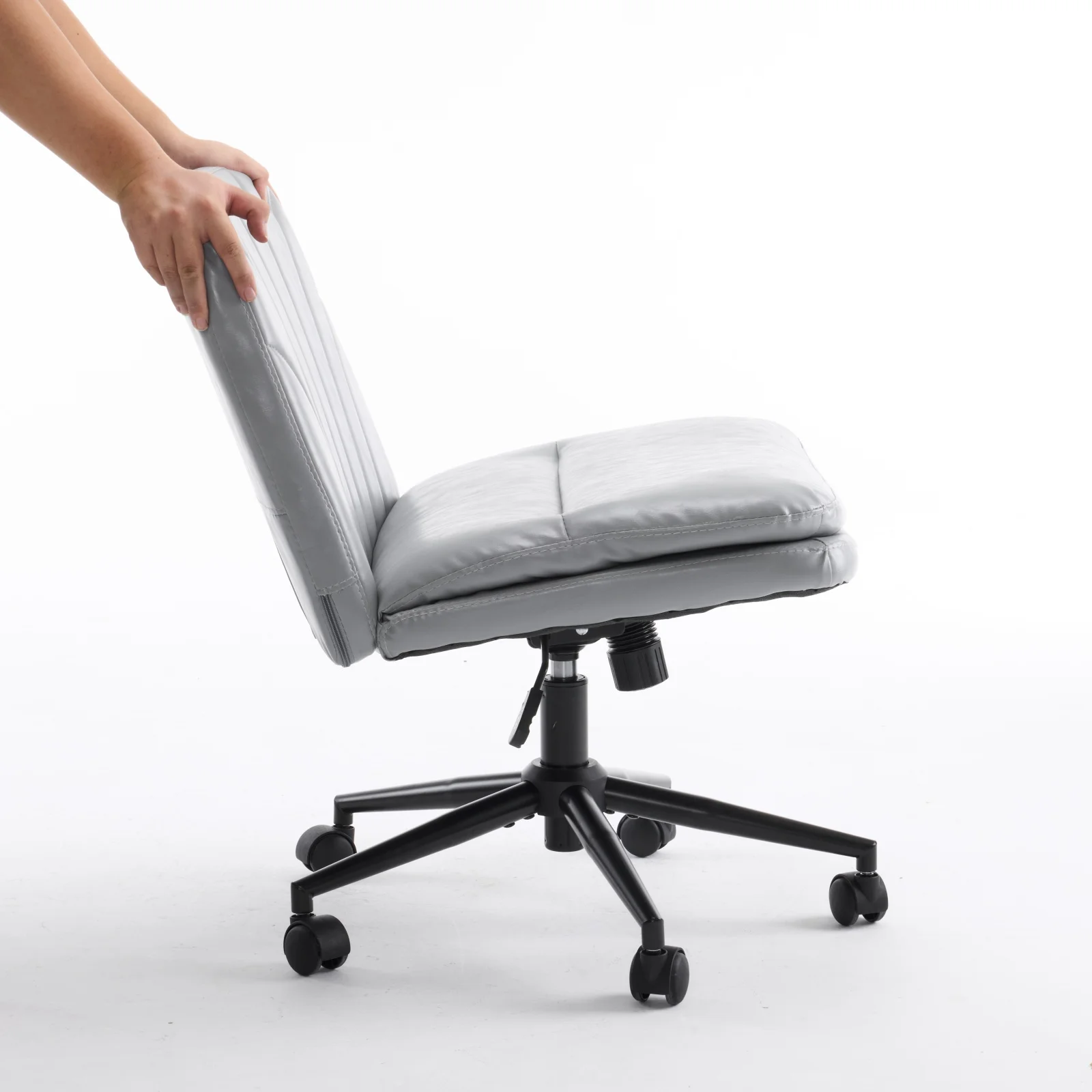 Ktaxon Armless Office Chair Swivel Study Chair Adjustable Desk Chair with Criss Cross Legs and Wheels for Conference and Home Faux Leather Gray