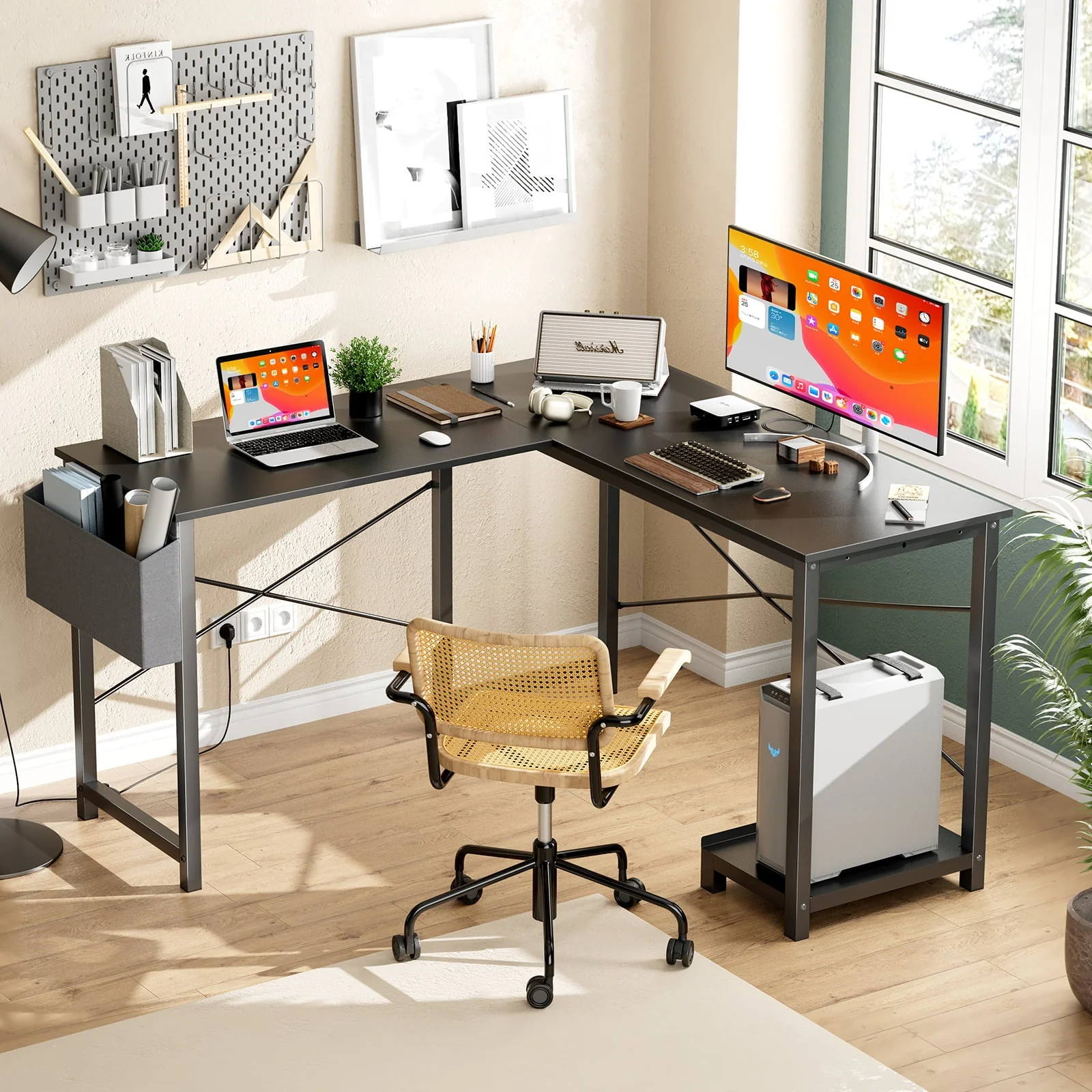 Modern L-Shaped Desk with Reversible Storage Shelf for Home and Office Use - 49 Inch Computer Desk for Gaming, Study, and Workstation, Black