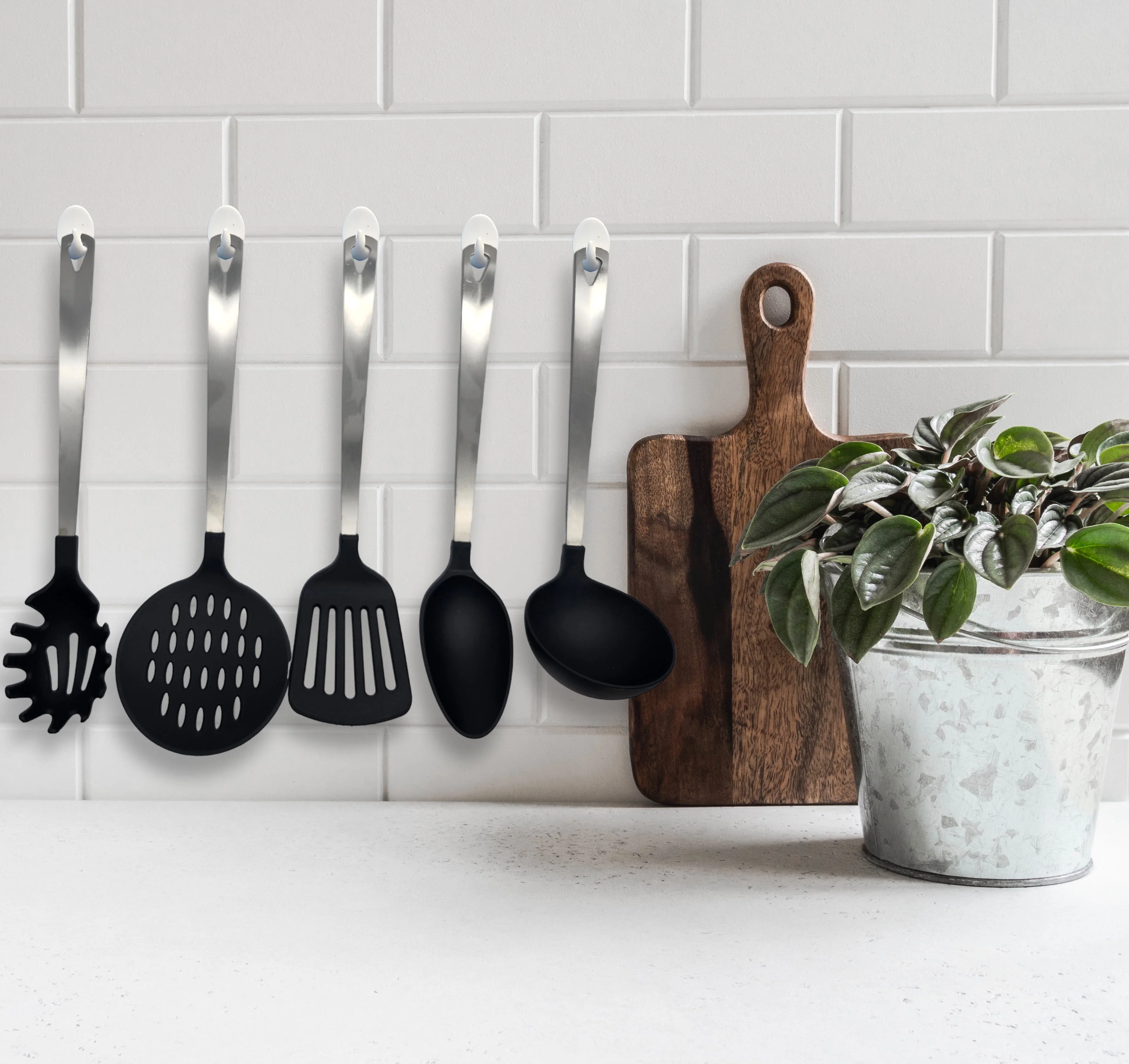 Mainstays Stainless Steel and Nylon Cooking Tool Set, Spoon, Spatula, Ladle, Pasta Spoon and Skimmer Assorted Colors