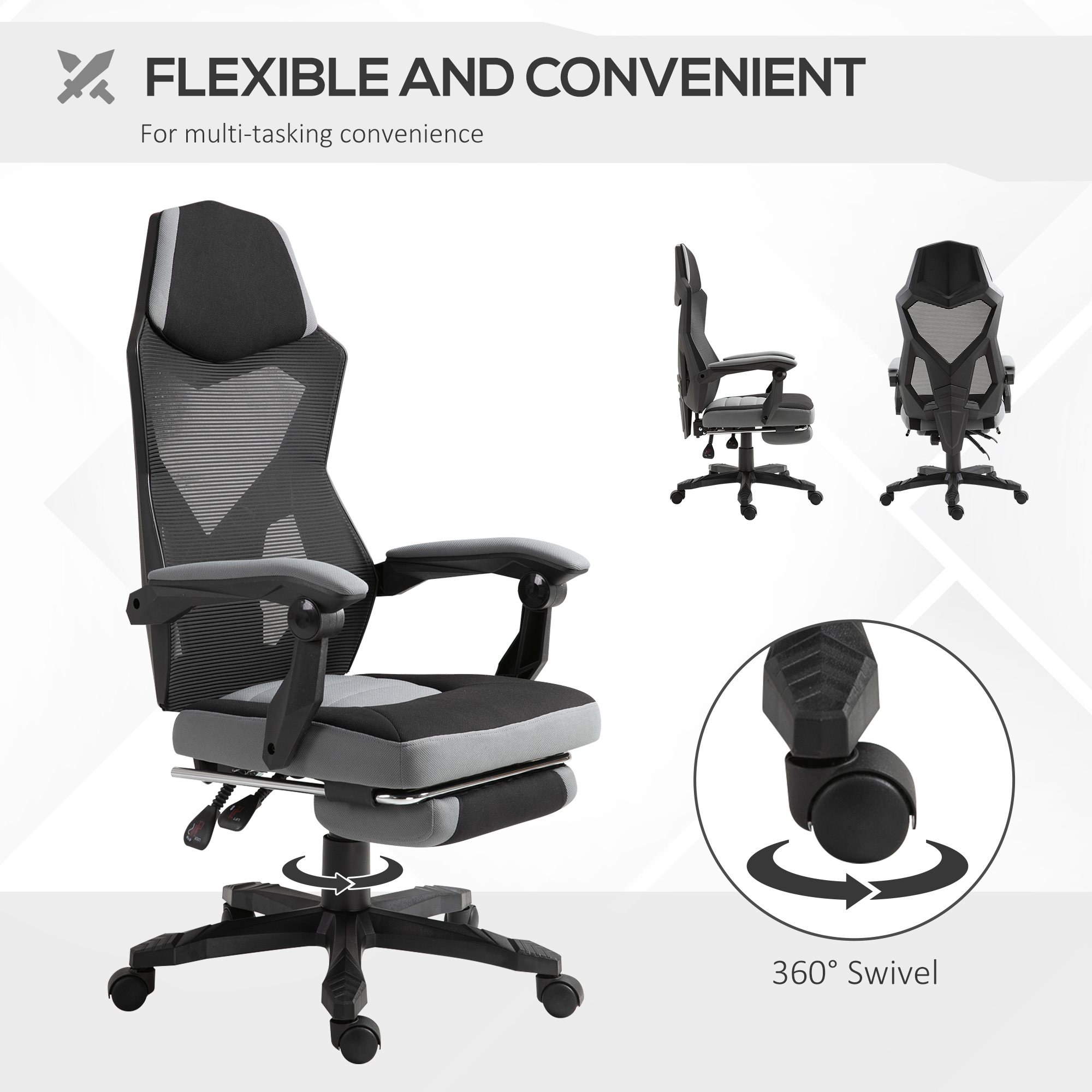 Vinsetto Ergonomic Home Office Chair High Back Armchair Computer Desk Recliner with Footrest, Mesh Back, Lumbar Support and Wheels, Gray