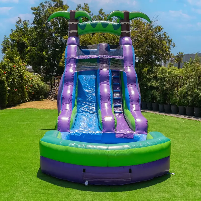 16-Foot Purple Tropical Inflatable Water Slide with Integrated Pool – Commercial-Grade Wet/Dry Fun