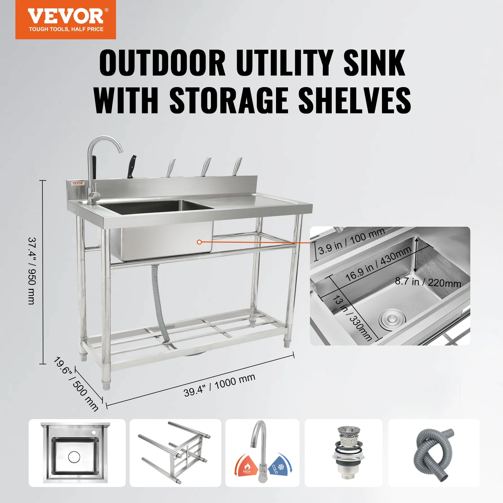 VEVOR Stainless Steel Utility Sink, 1 Compartment Free Standing Small Sink w/Workbench Faucet & legs, 39.4 x 19.1 x 37.4 in Commercial Single Bowl Sinks for Garage, Restaurant, Laundry,NSF Certified