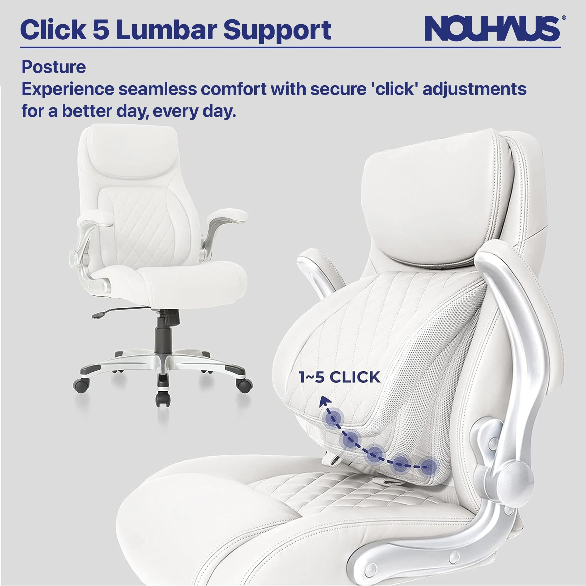 Nouhaus Posture Ergonomic PU Leather Office Chair. Click5 Lumbar Support with FlipAdjust Armrests. Modern Executive Chair and Computer Desk Chair