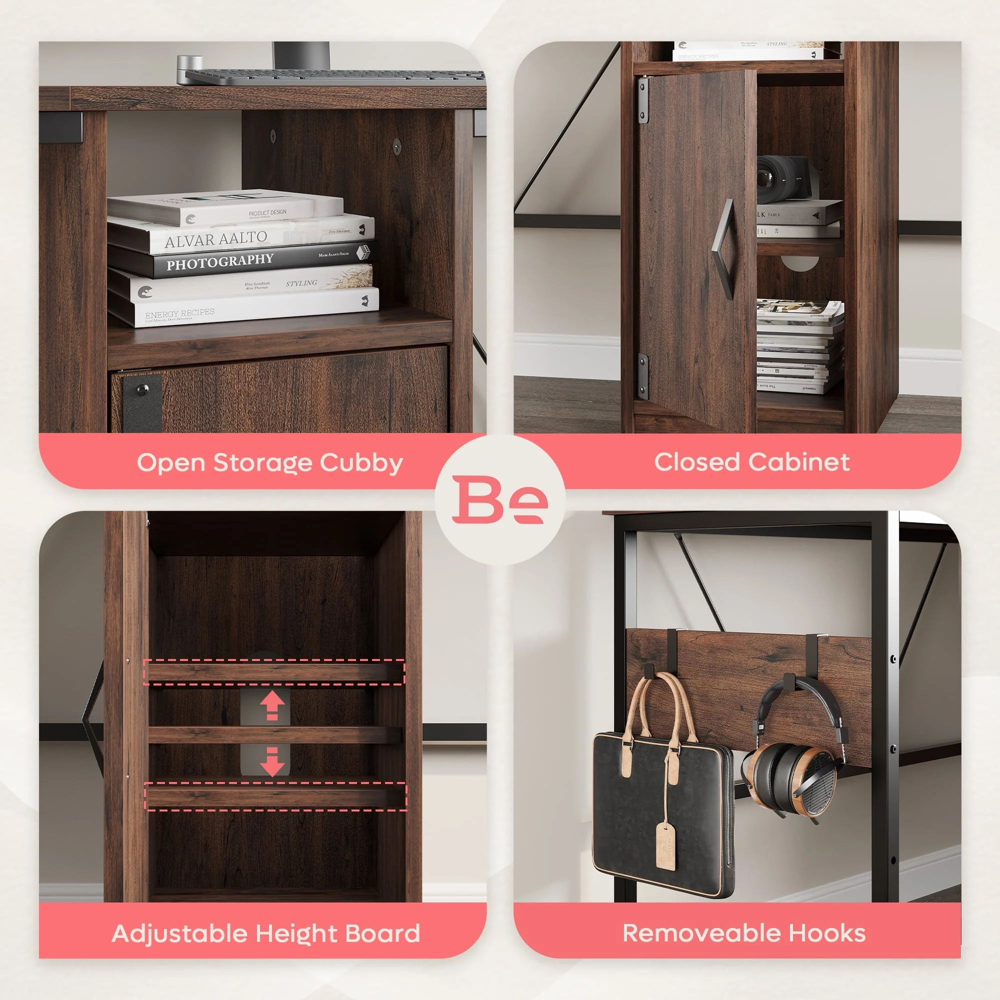 Bestier Reversible 60 inches L Shaped Computer Desk with Storage Cabinet Long Desk for 2 Person Cherry