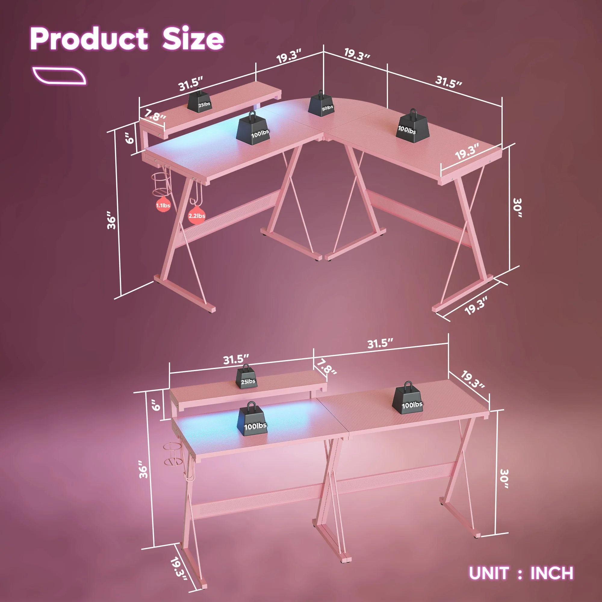 Bestier Pink Computer Desk with LED Light L-Shaped Desk Gaming Computer Desk with Monitor Stand