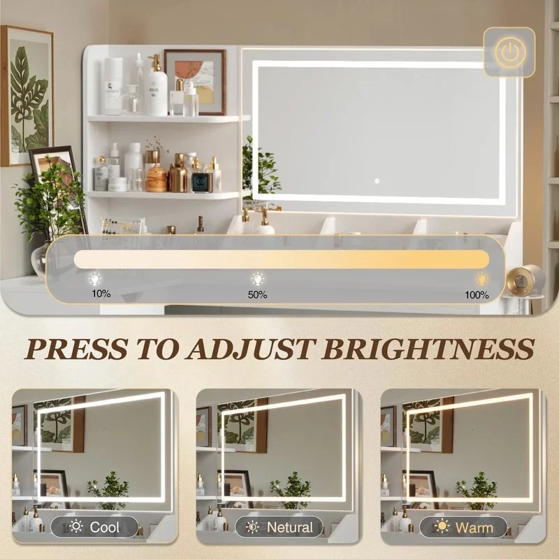 Furmax L Shaped Vanity Desk Set Corner Makeup Vanity Set with Adjustable LED Lighted Mirror & Power Outlets Dressing Table with Organizers, and Cushioned Stool, White
