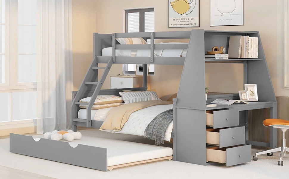 EUROCO Twin over Full Bunk Bed with Trundle, Built-in Desk with Bookcase and 3 Drawers for Kids, Gray