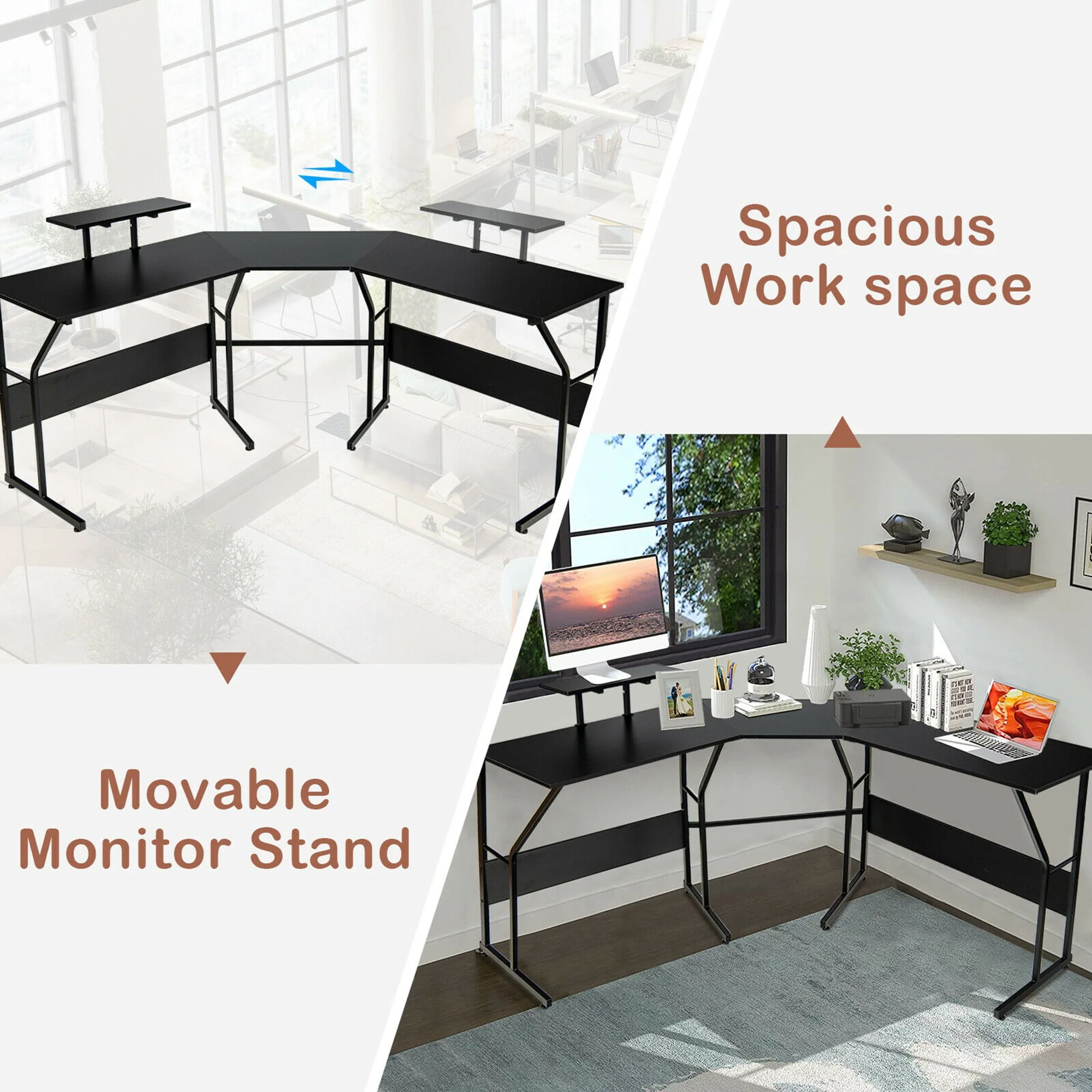 Gymax 88.5'' L Shaped Reversible Computer Desk 2 Person Long Table Monitor Stand Black